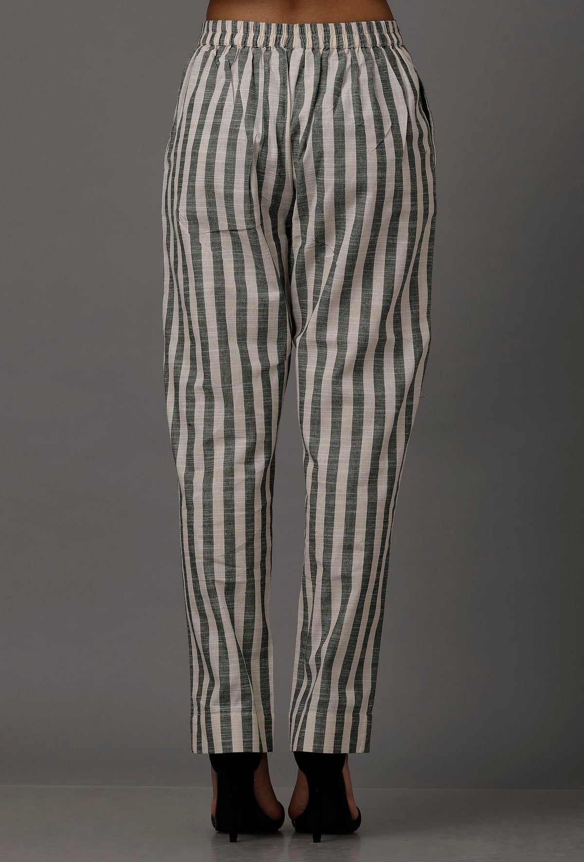 Green and White Stripes Pure Woven Cotton Pants サイズ XXL
