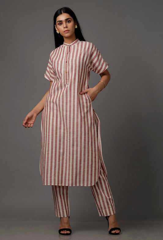 Red and White Stripes Pure Woven Cotton Kurta With Complimentary Matching Mask サイズ M