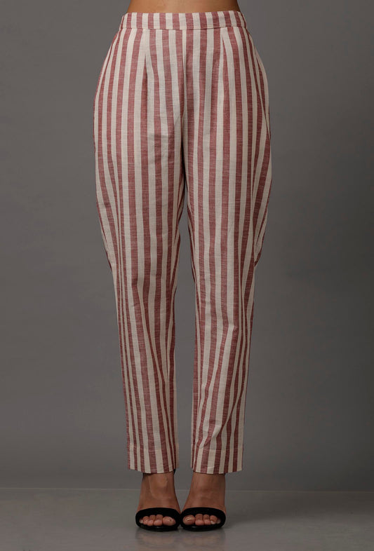 Red and White Stripes Pure Woven Cotton Pants サイズ S