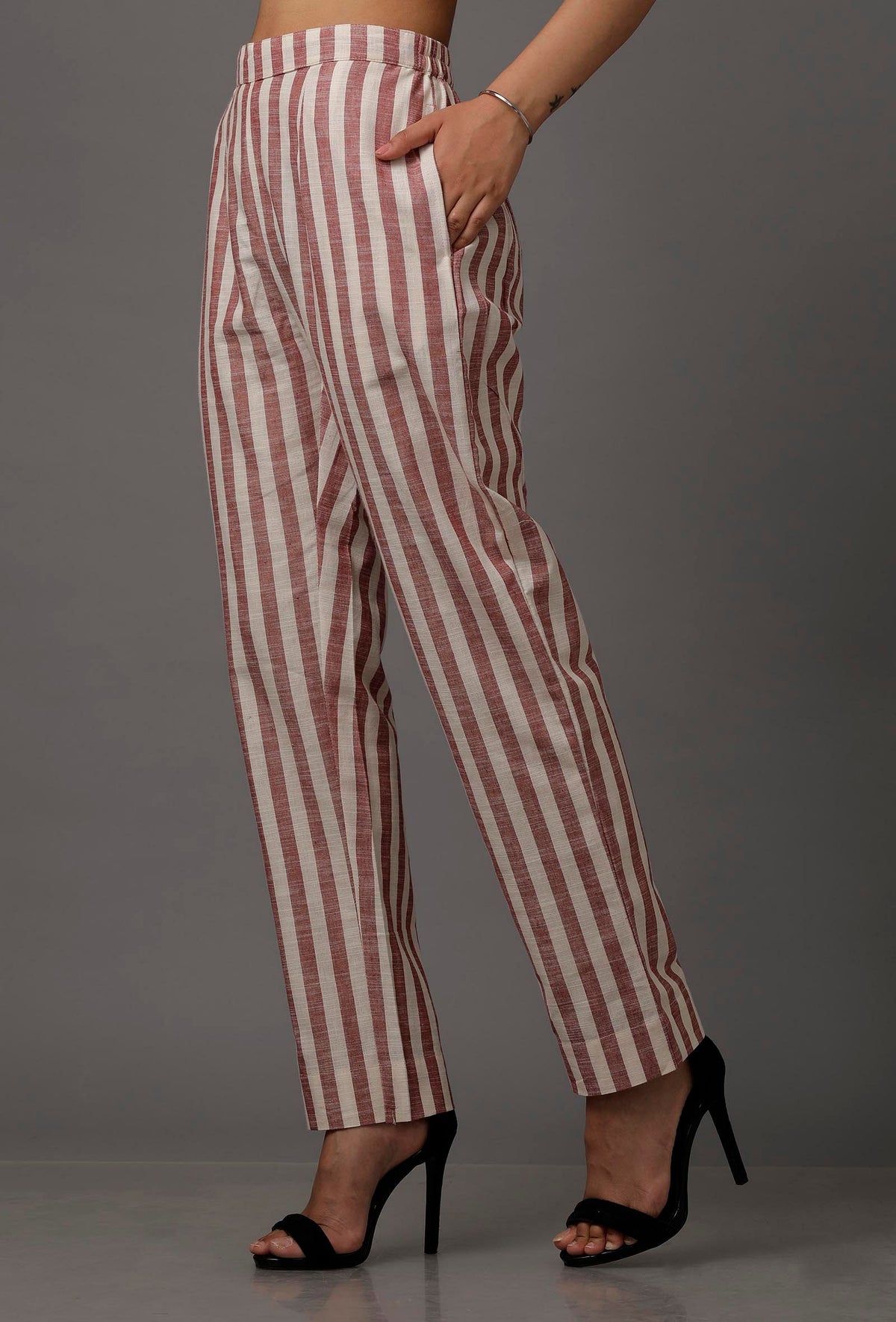 Red and White Stripes Pure Woven Cotton Pants サイズ L