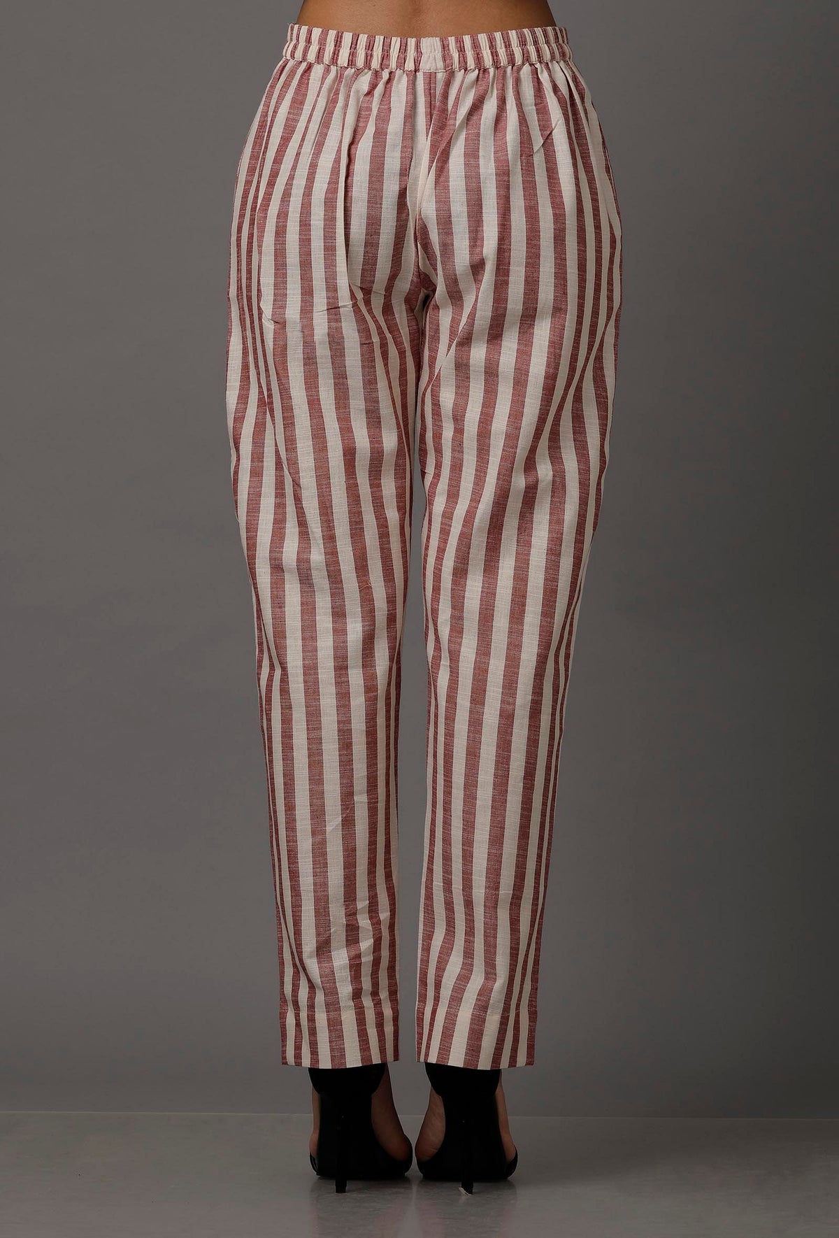 Red and White Stripes Pure Woven Cotton Pants サイズ S