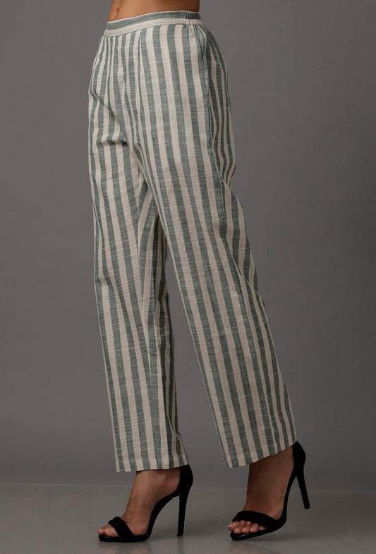 Green and White Stripes Pure Woven Cotton Pants サイズ M