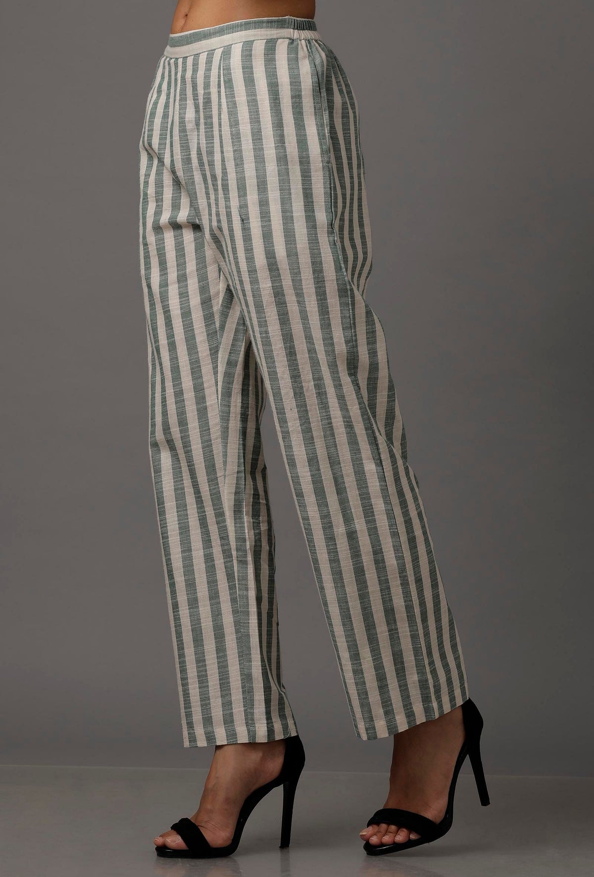 Green and White Stripes Pure Woven Cotton Pants サイズ XXL