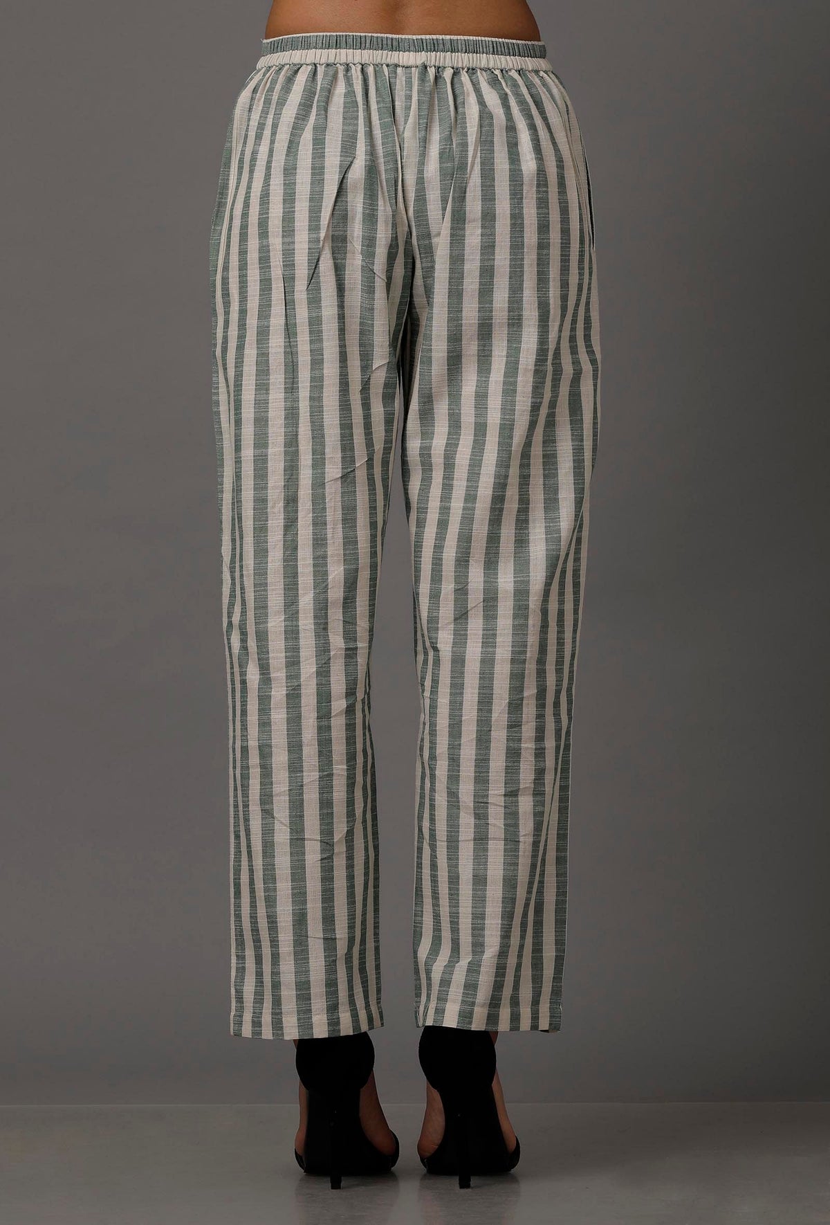 Green and White Stripes Pure Woven Cotton Pants サイズ L