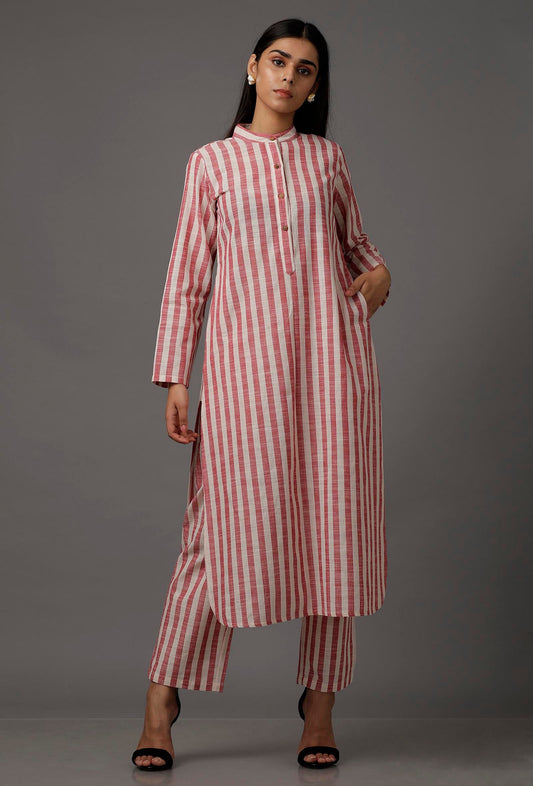Peach Red and White Stripes Pure Woven Cotton Kurta サイズ M