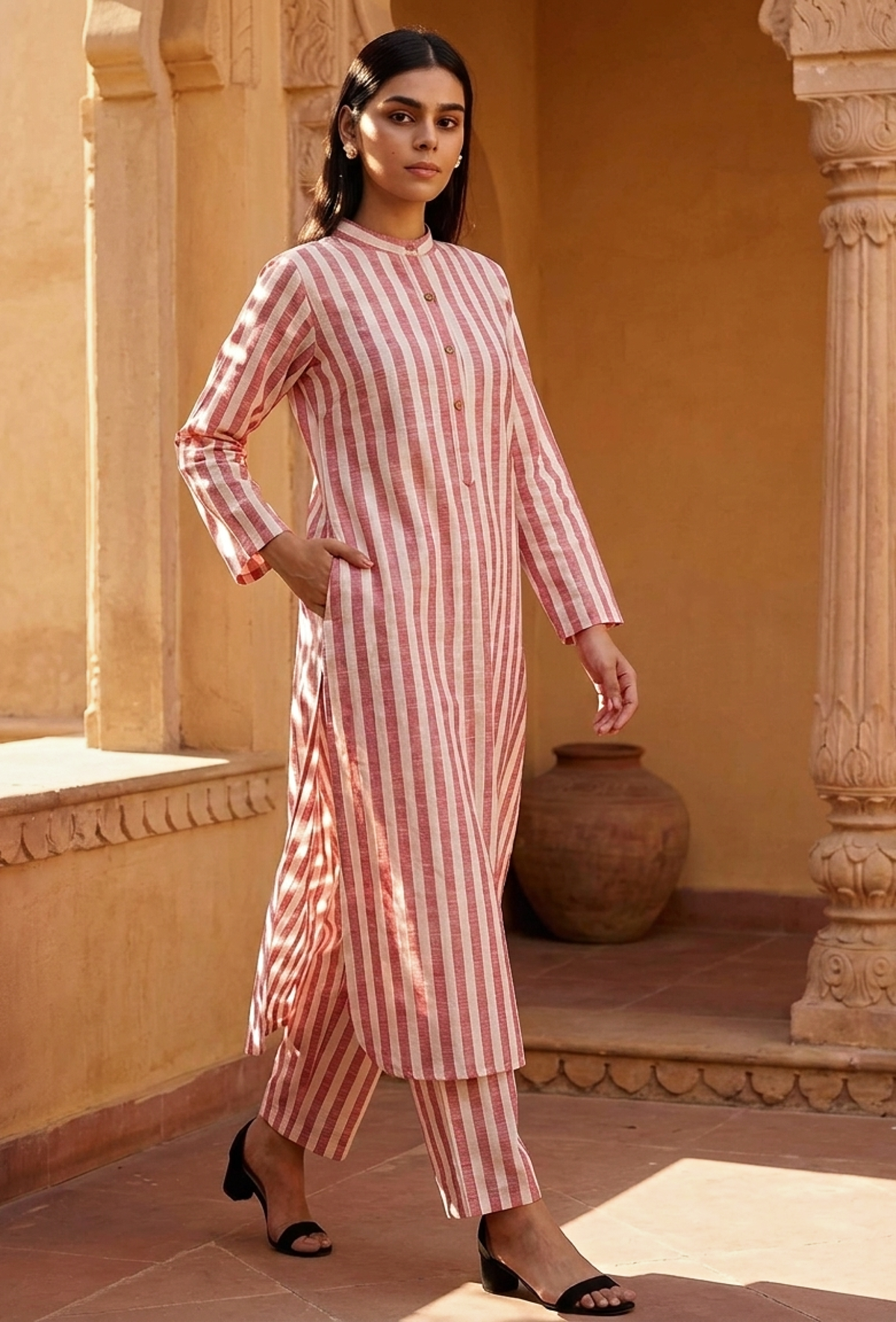 Peach Red and White Stripes Pure Woven Cotton Kurta サイズ M