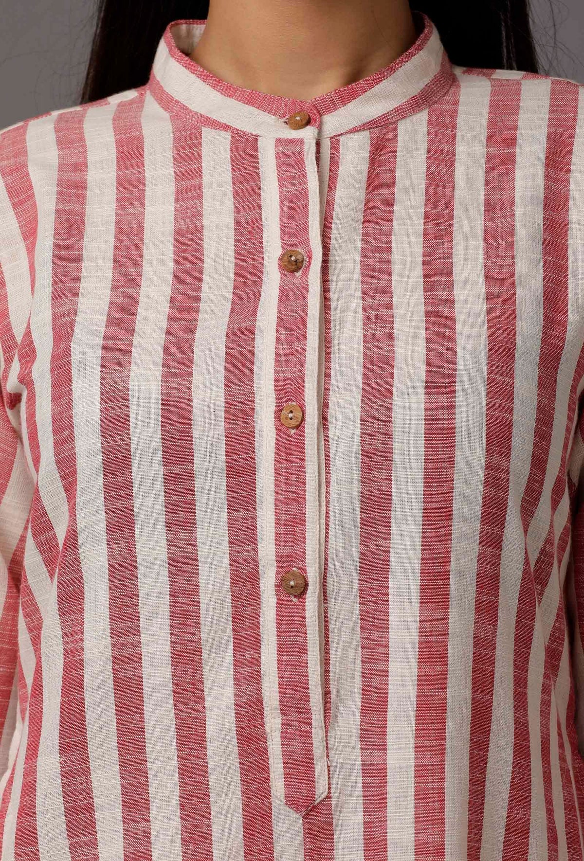 Peach Red and White Stripes Pure Woven Cotton Kurta サイズ M