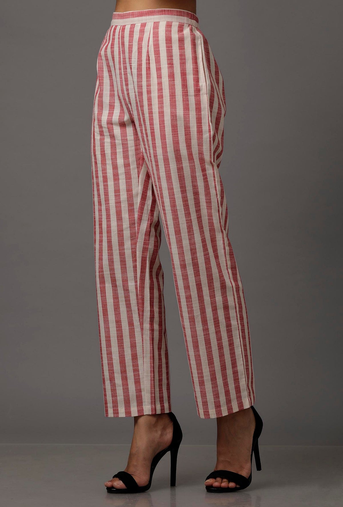 Peach Red and White Stripes Pure Woven Cotton Pants サイズ XS