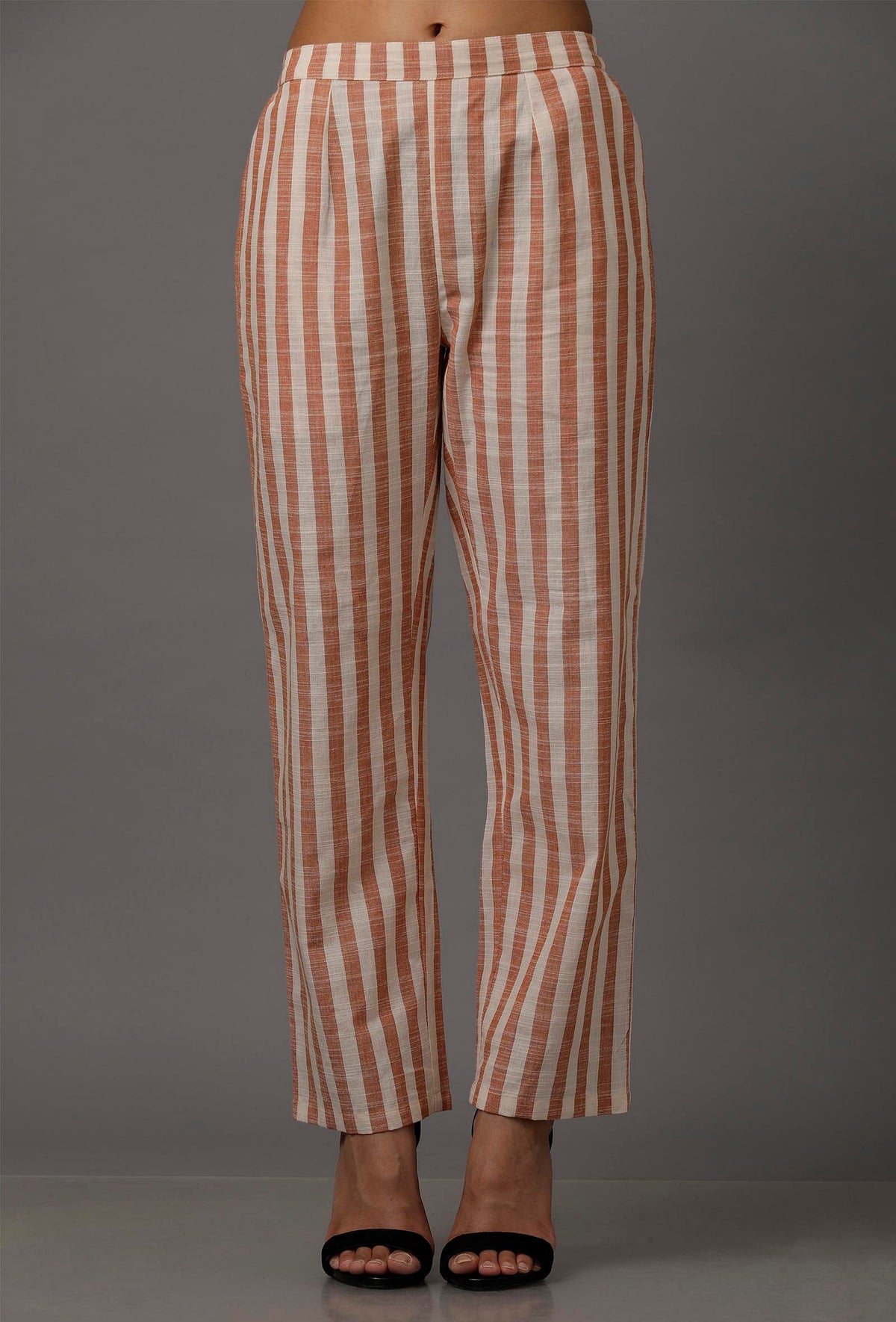 Orange and White Stripes Pure Woven Cotton Pants サイズ XS