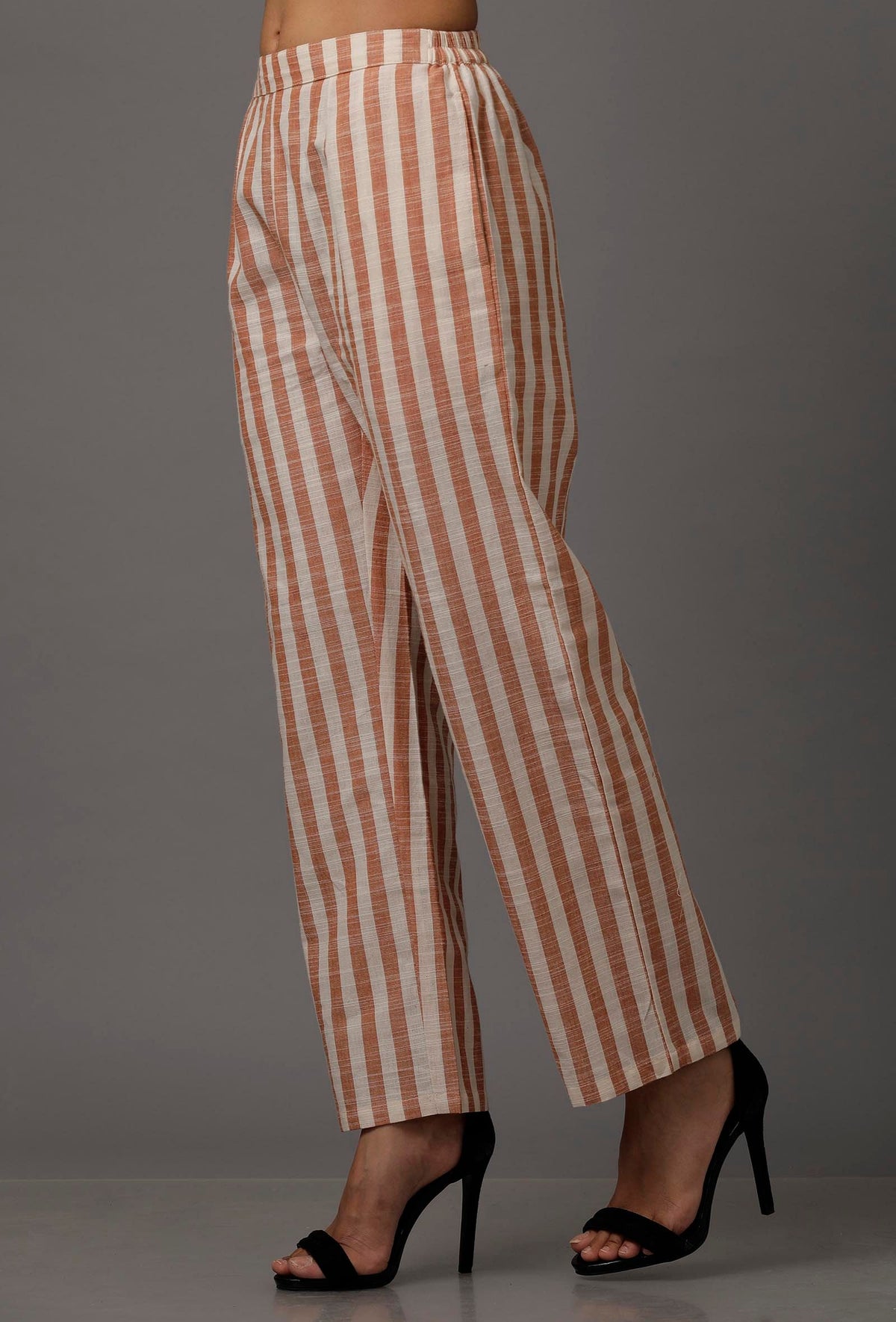 Orange and White Stripes Pure Woven Cotton Pants サイズ XS