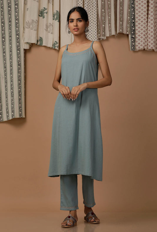 Set of 2: Powdered Blue Hand Block Printed Cotton Slip and Cotton Pants サイズ XS