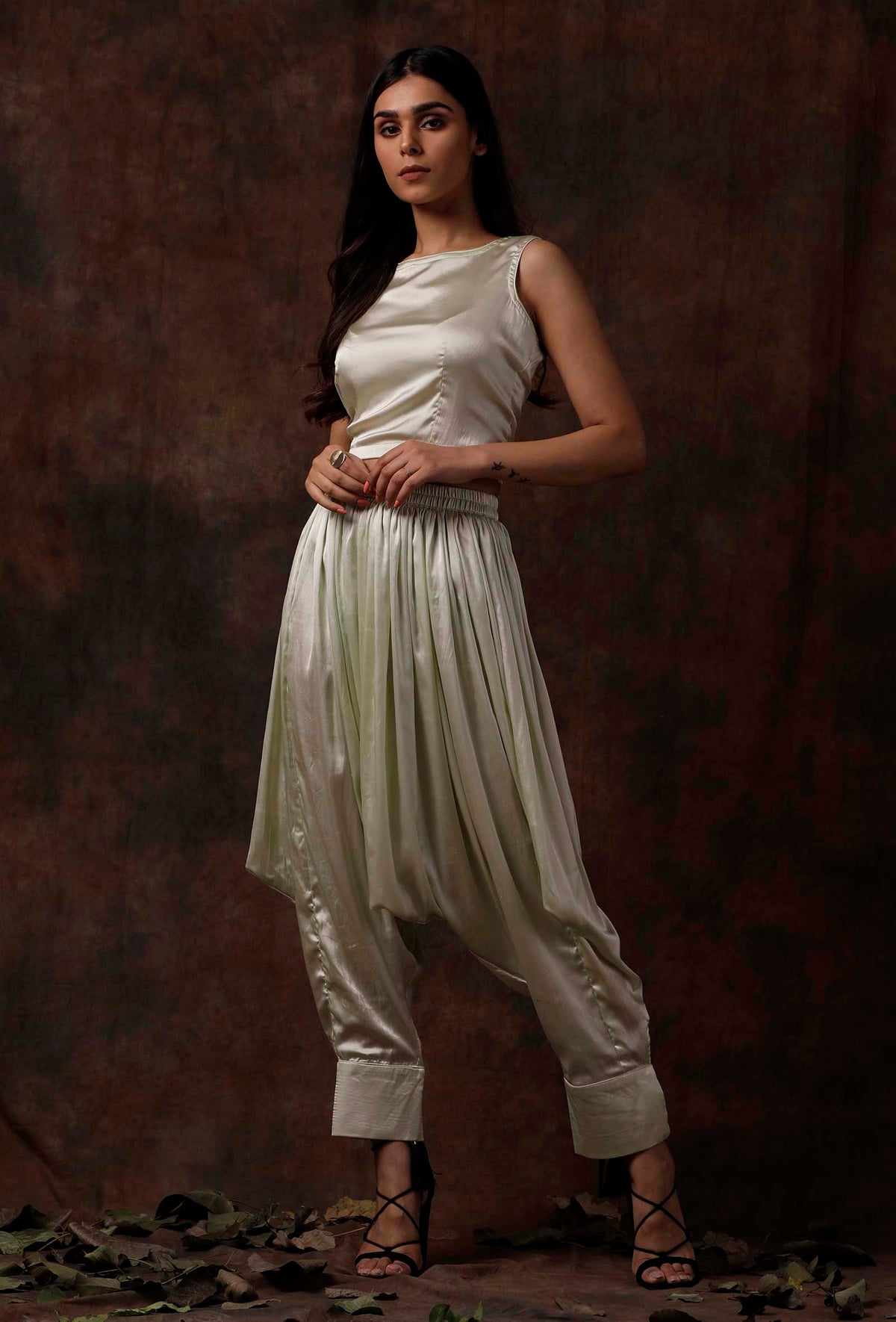 Set of 2: Mint Green Satin Slip Blouse and Dhoti Pants サイズ S