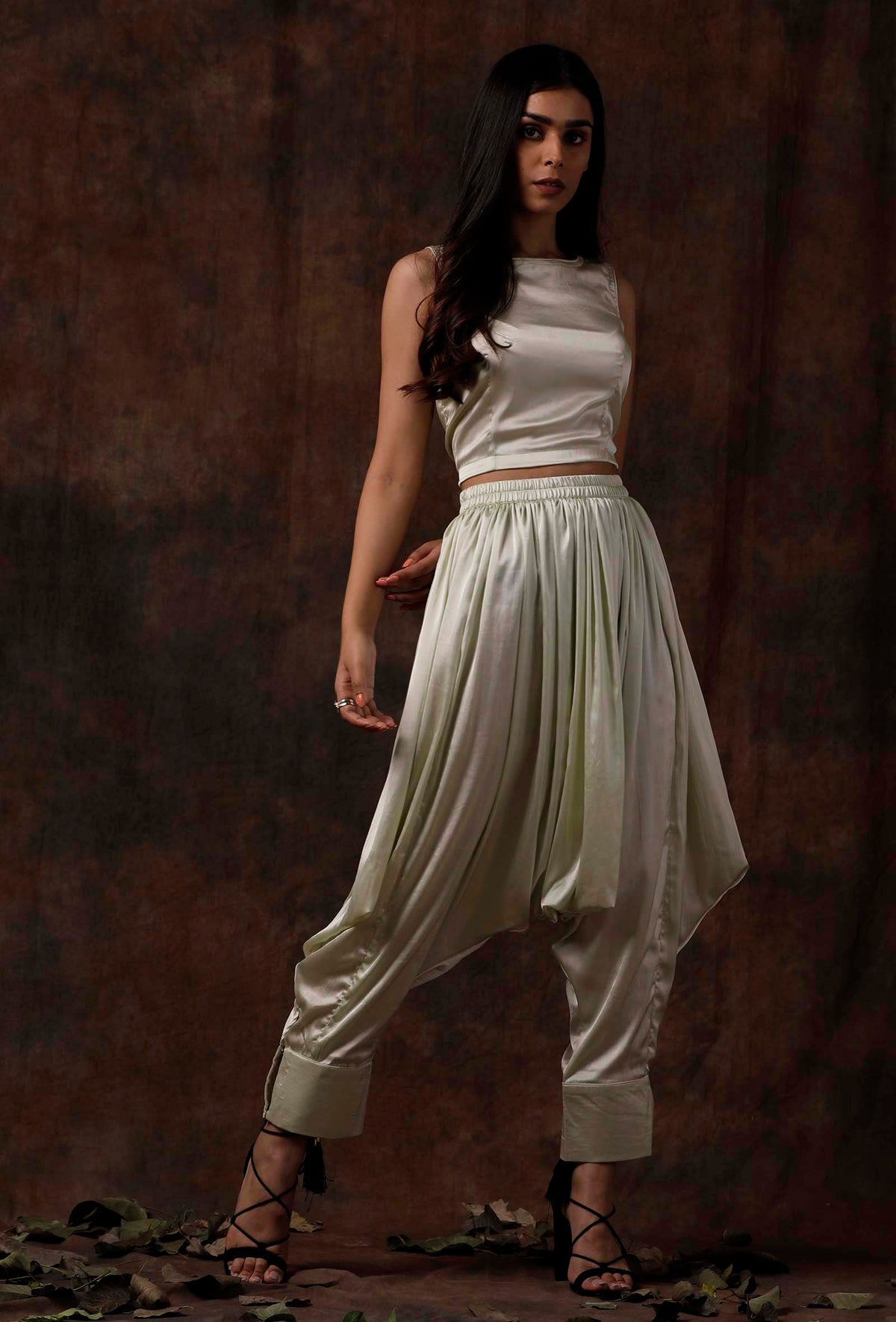Set of 2: Mint Green Satin Slip Blouse and Dhoti Pants サイズ S