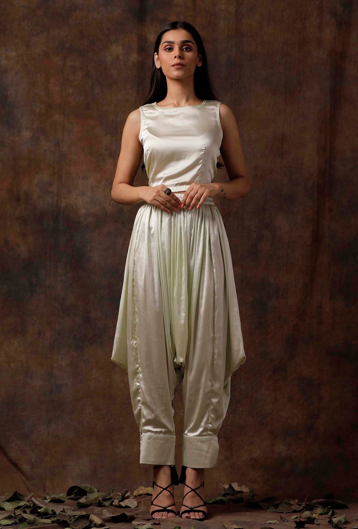 Set of 2: Mint Green Satin Slip Blouse and Dhoti Pants サイズ S