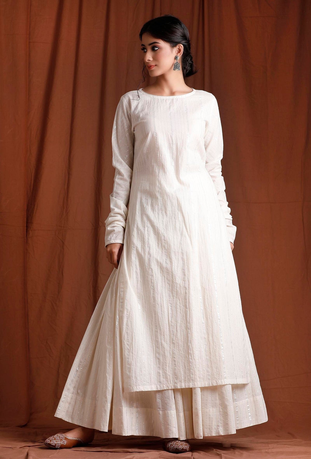Off White Cotton Full Sleeves Long Kurta サイズ XS