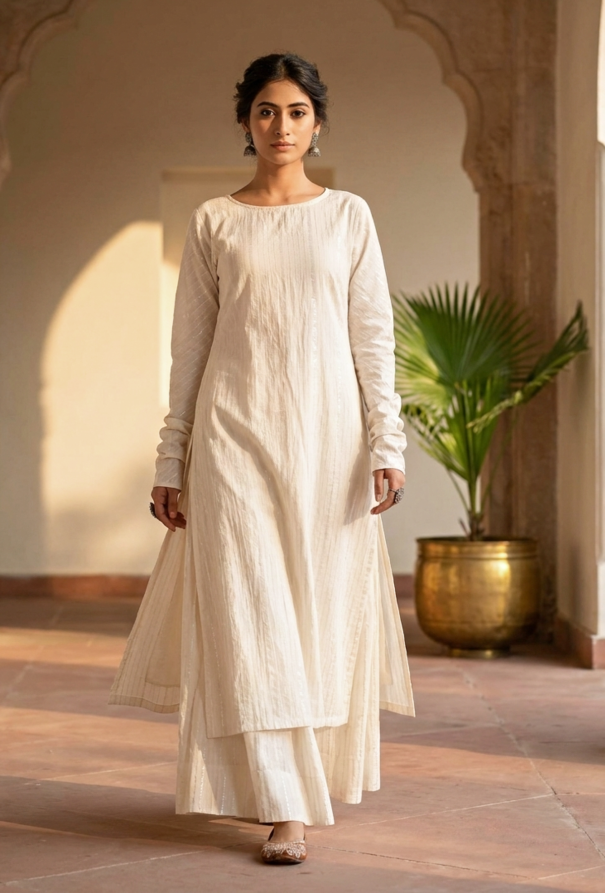 Off White Cotton Full Sleeves Long Kurta サイズ S
