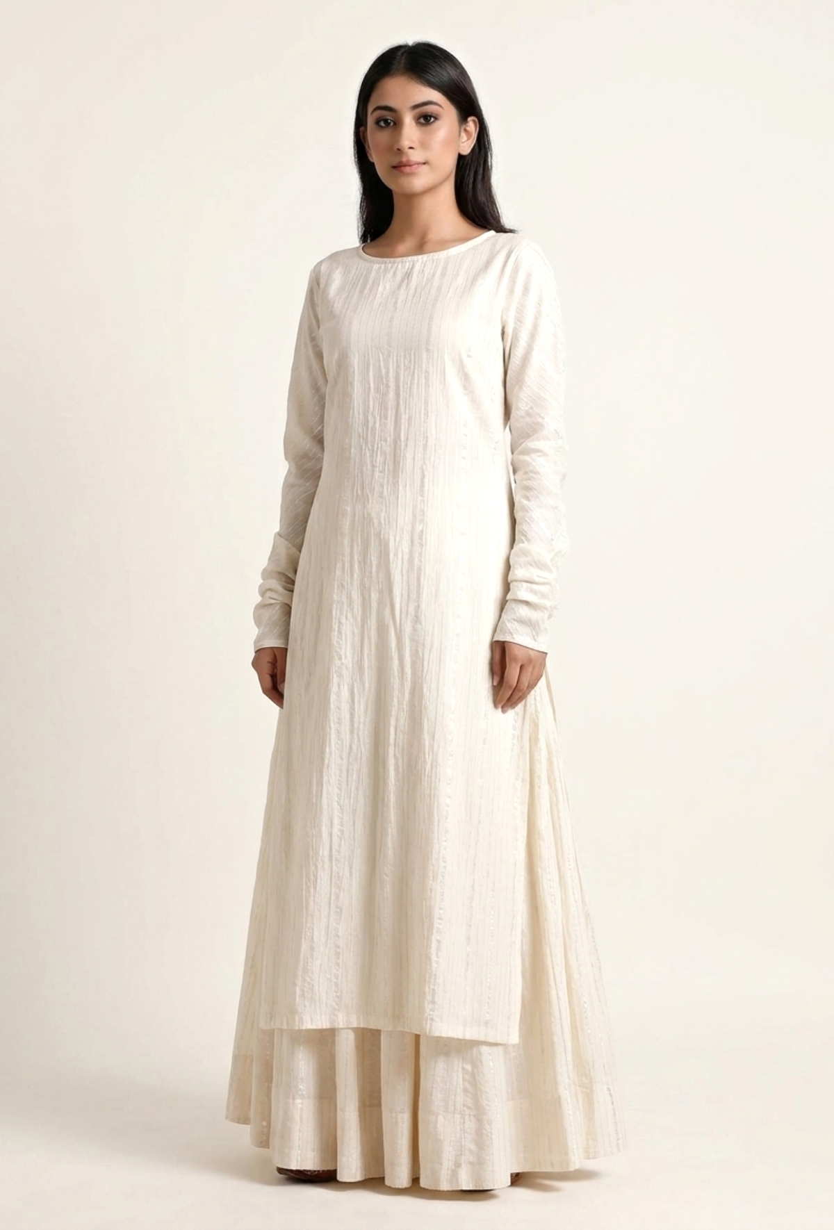Off White Cotton Full Sleeves Long Kurta サイズ S