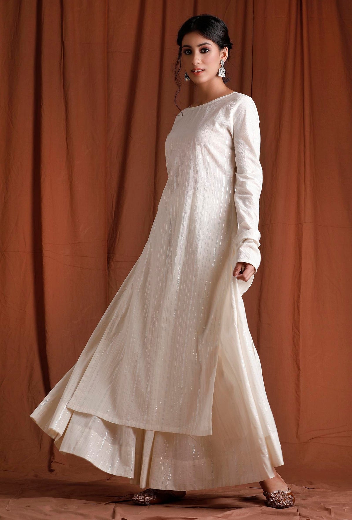 Off White Cotton Full Sleeves Long Kurta サイズ S
