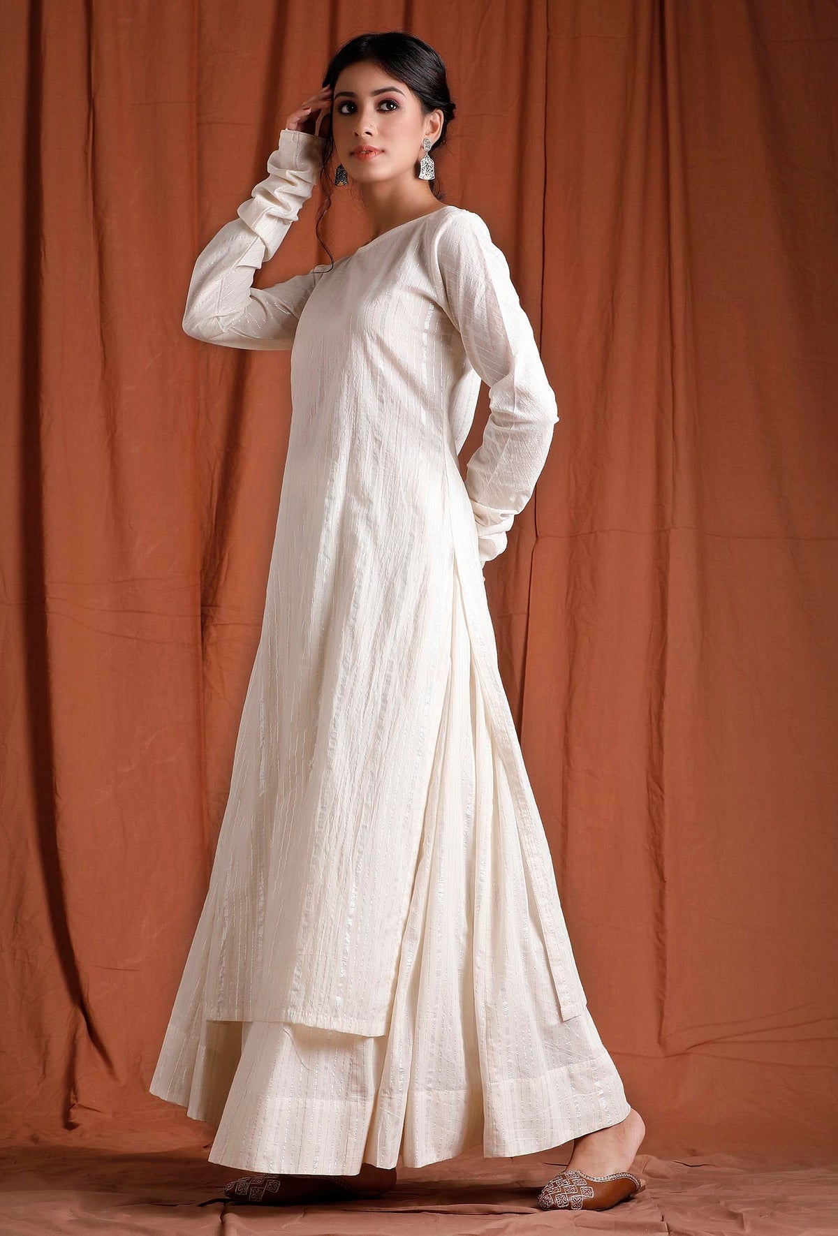 Off White Cotton Full Sleeves Long Kurta サイズ S