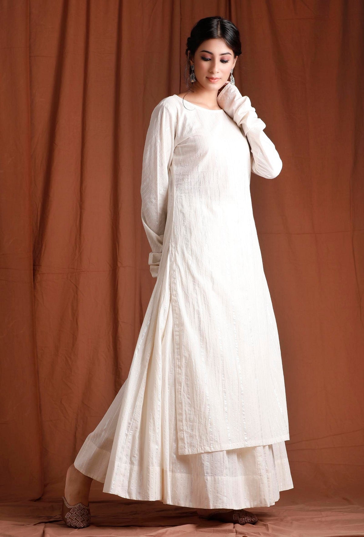 Off White Cotton Full Sleeves Long Kurta サイズ S
