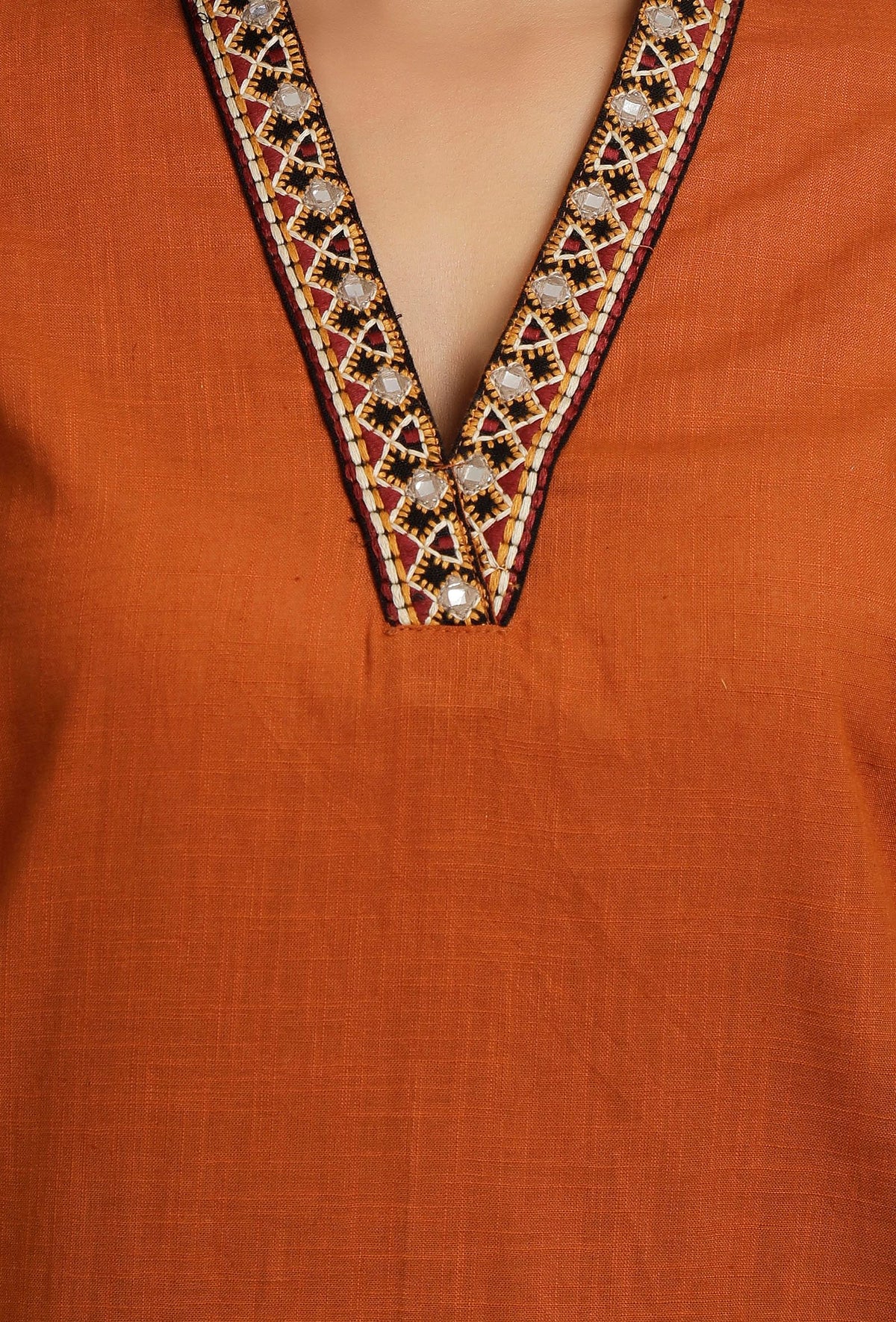 Orange Rust Cotton Slub Kurta with Mirror Embroidery サイズ S