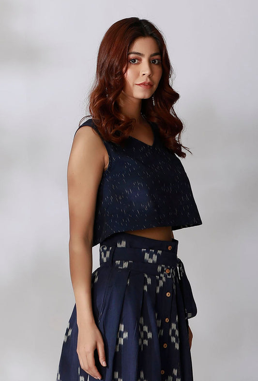 Blue Umbrella Cut Loose Fit Ikkat Crop Top サイズ L