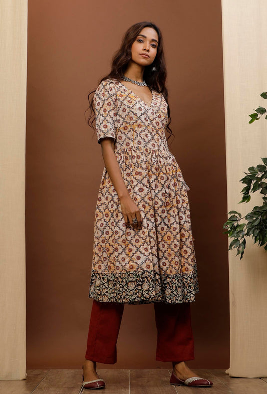 White Flared Kalamkari Cotton Kurta サイズ XS