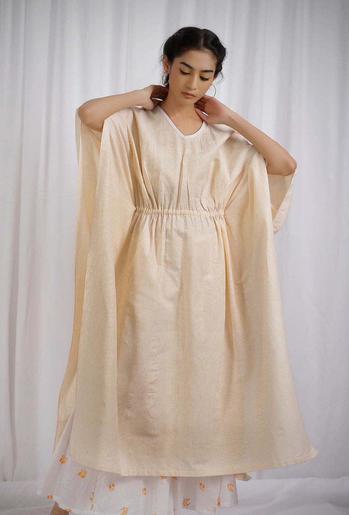 Yellow Cotton Kaftan Side Tie-Up Kurta サイズ M