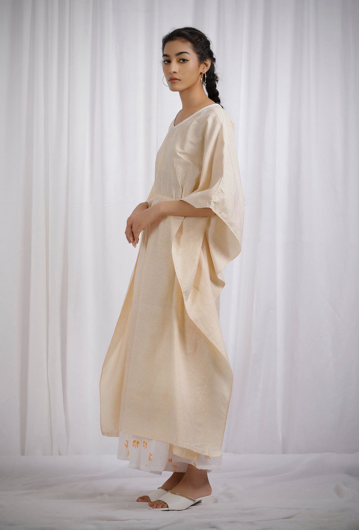 Yellow Cotton Kaftan Side Tie-Up Kurta サイズ M