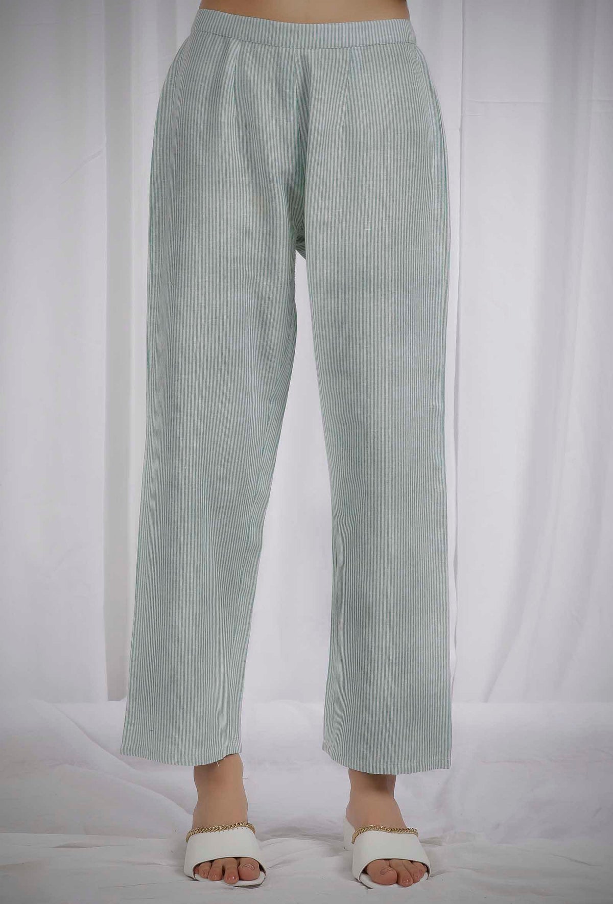 Green Striped Straight Cotton Pants サイズ XS