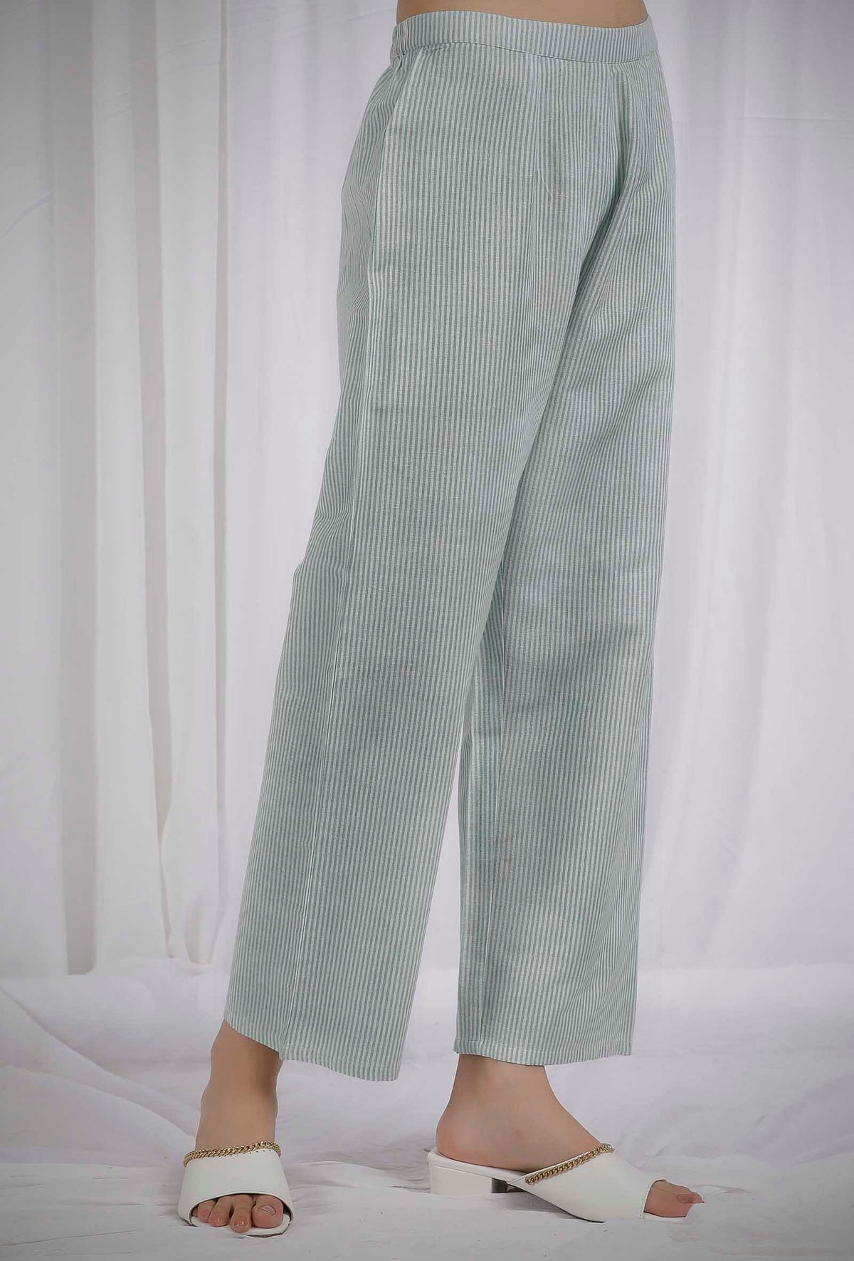 Green Striped Straight Cotton Pants サイズ S