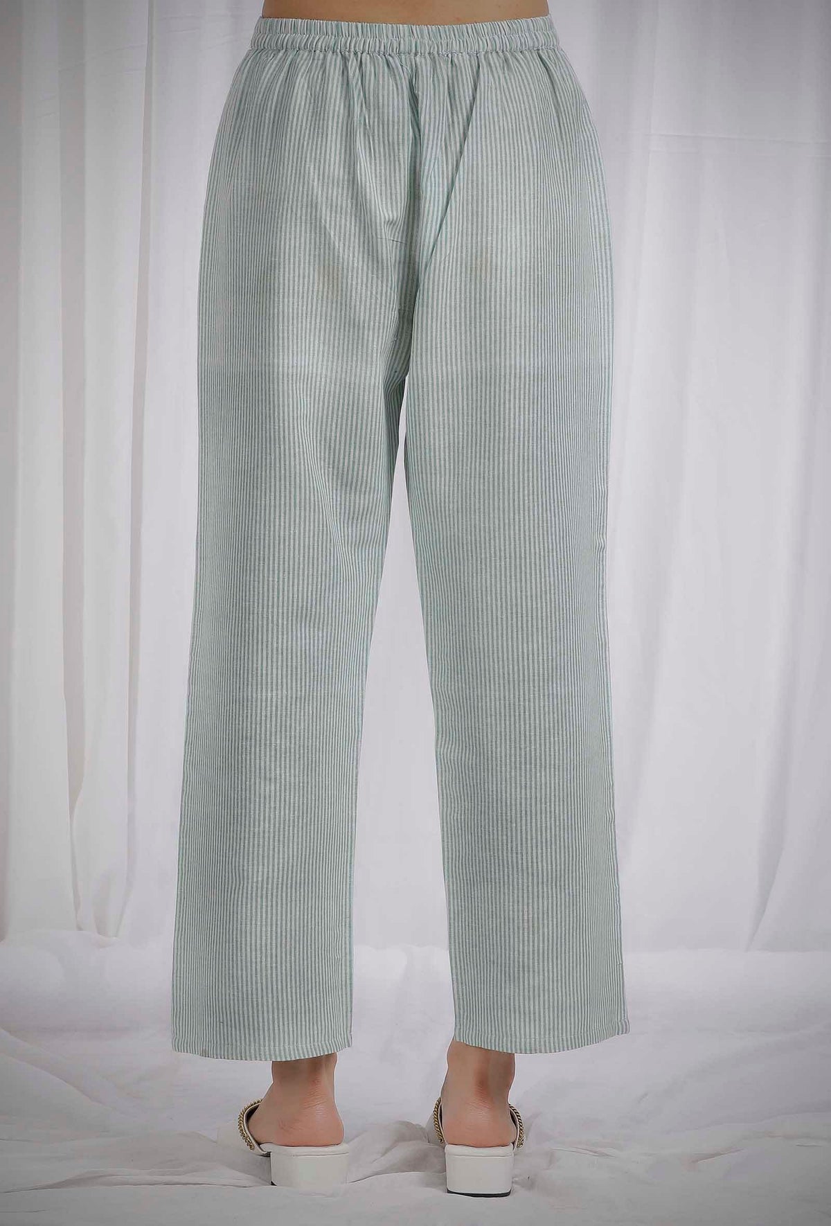 Green Striped Straight Cotton Pants サイズ S