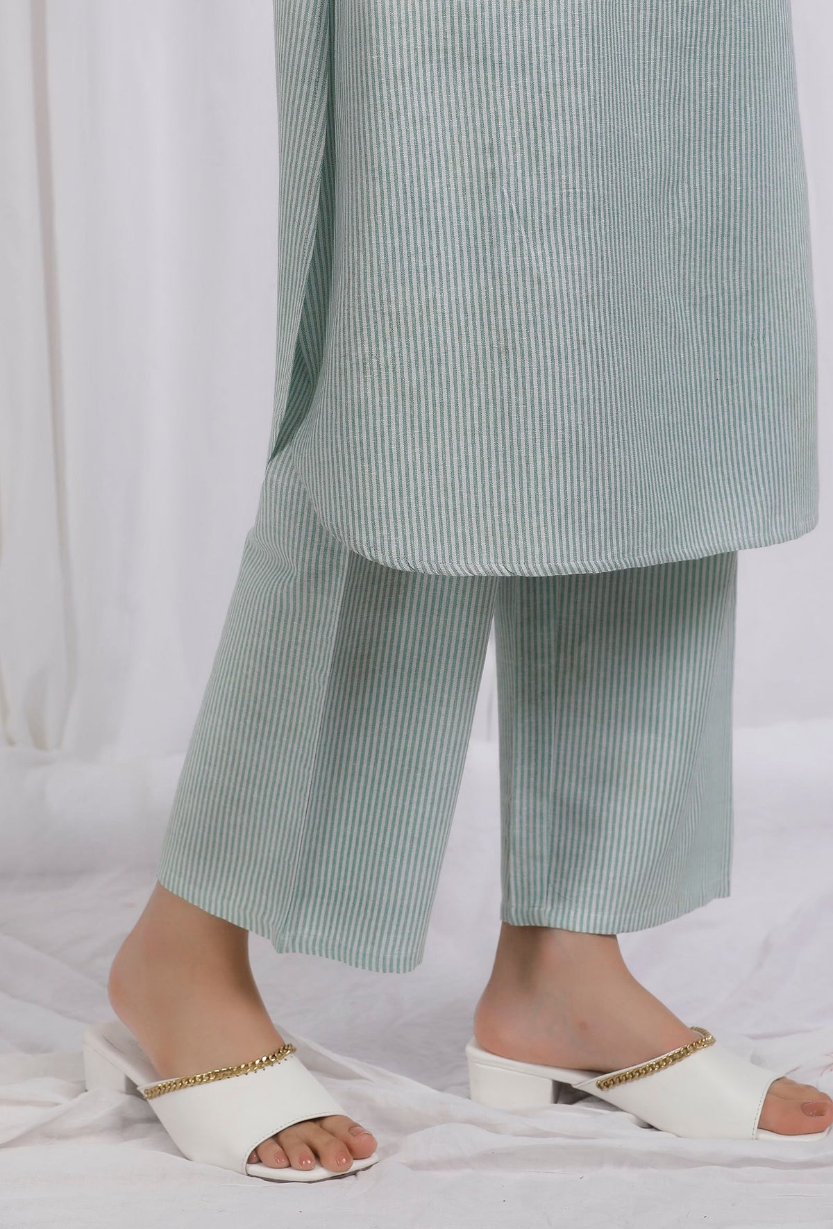 Green Striped Straight Cotton Pants サイズ M