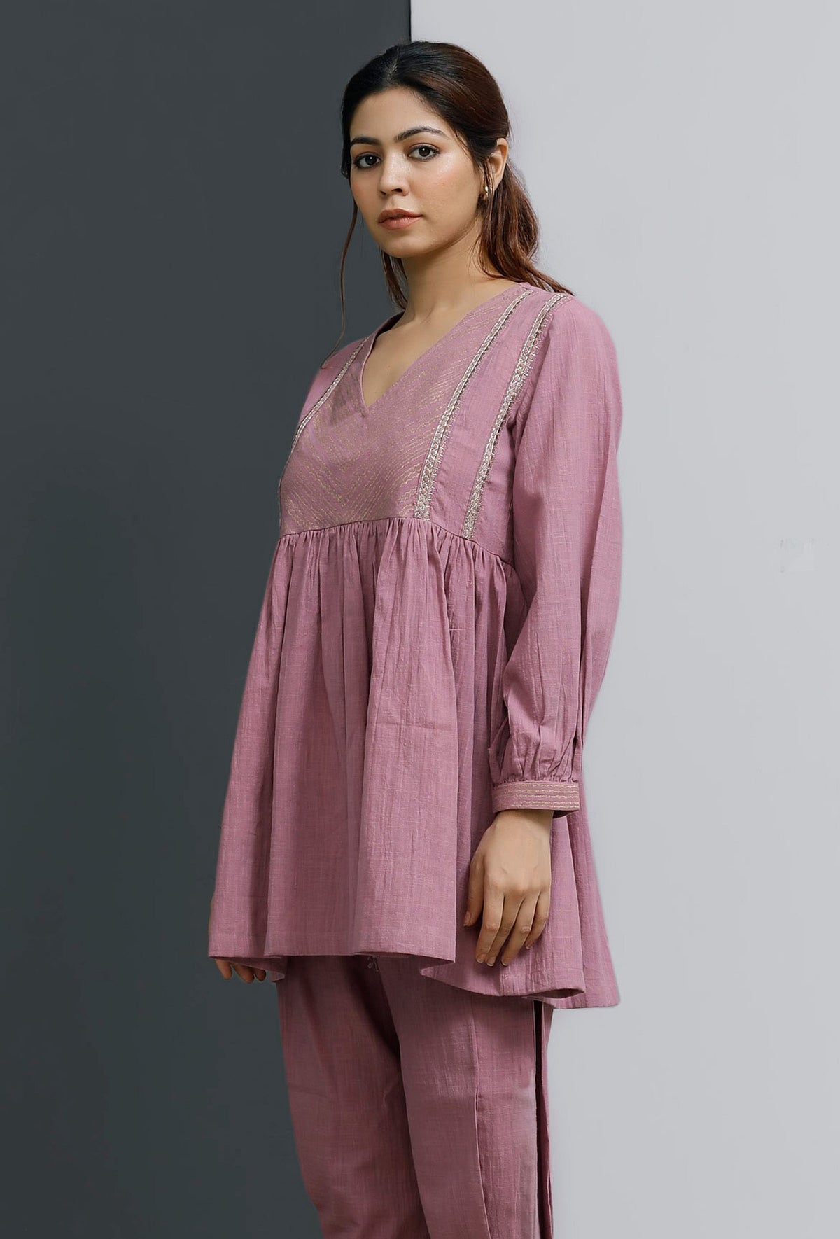 Onion Pink Hand-Block Printed Gathered Short Kurta サイズ XS