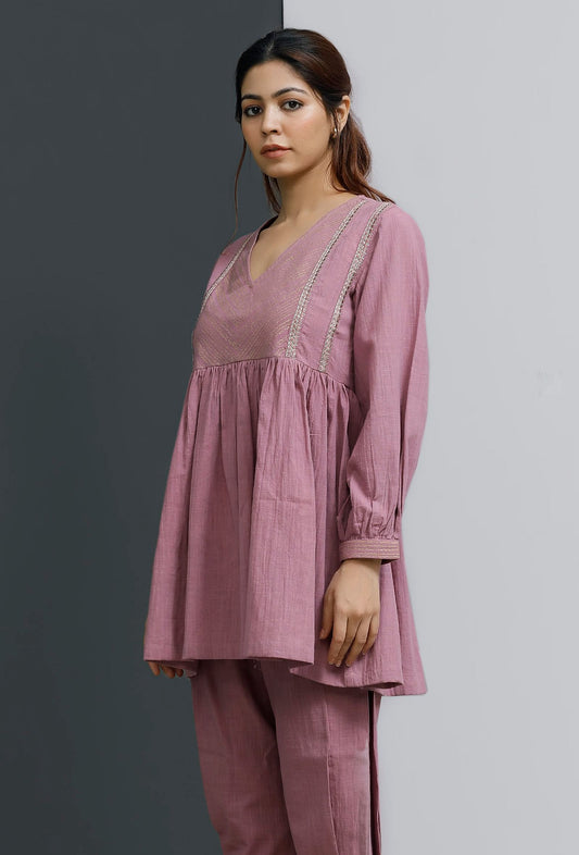 Onion Pink Hand-Block Printed Gathered Short Kurta サイズ M