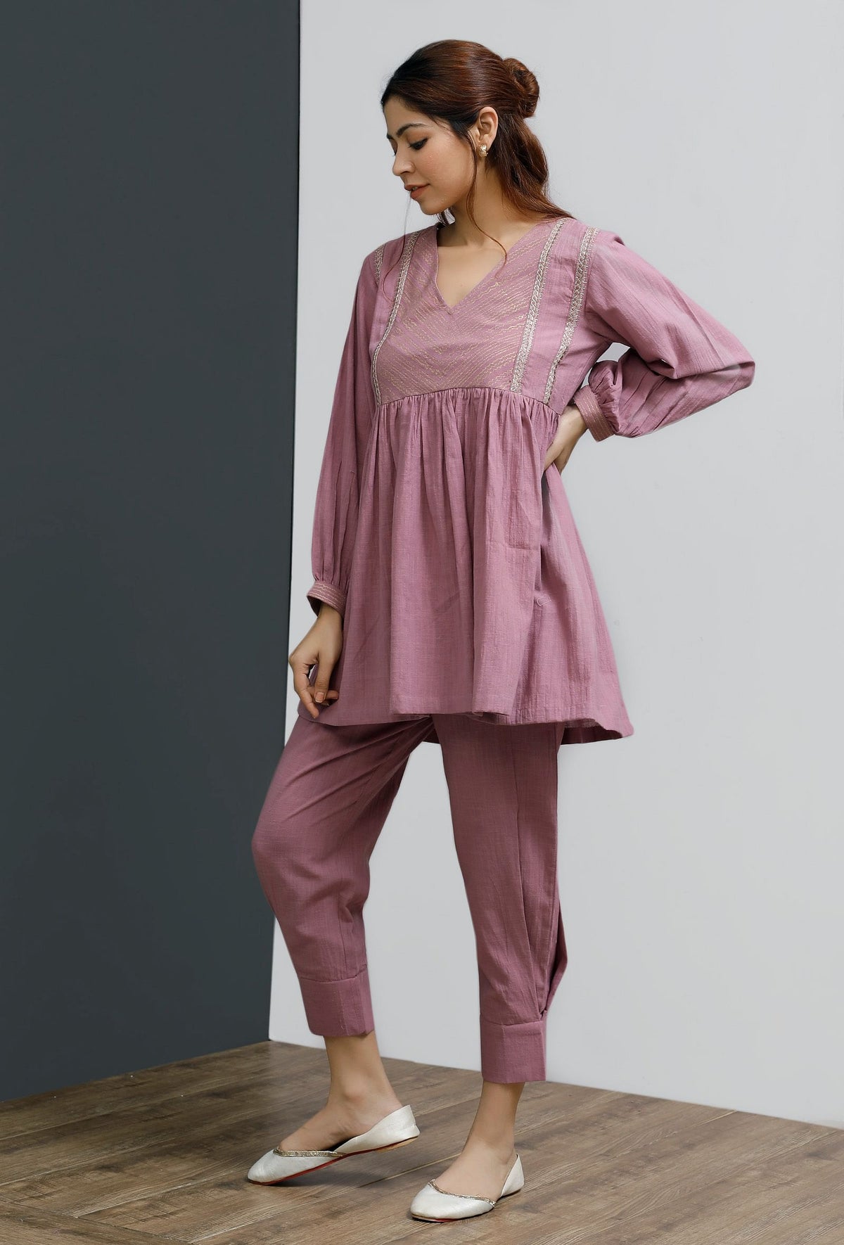 Onion Pink Hand-Block Printed Gathered Short Kurta サイズ XXL