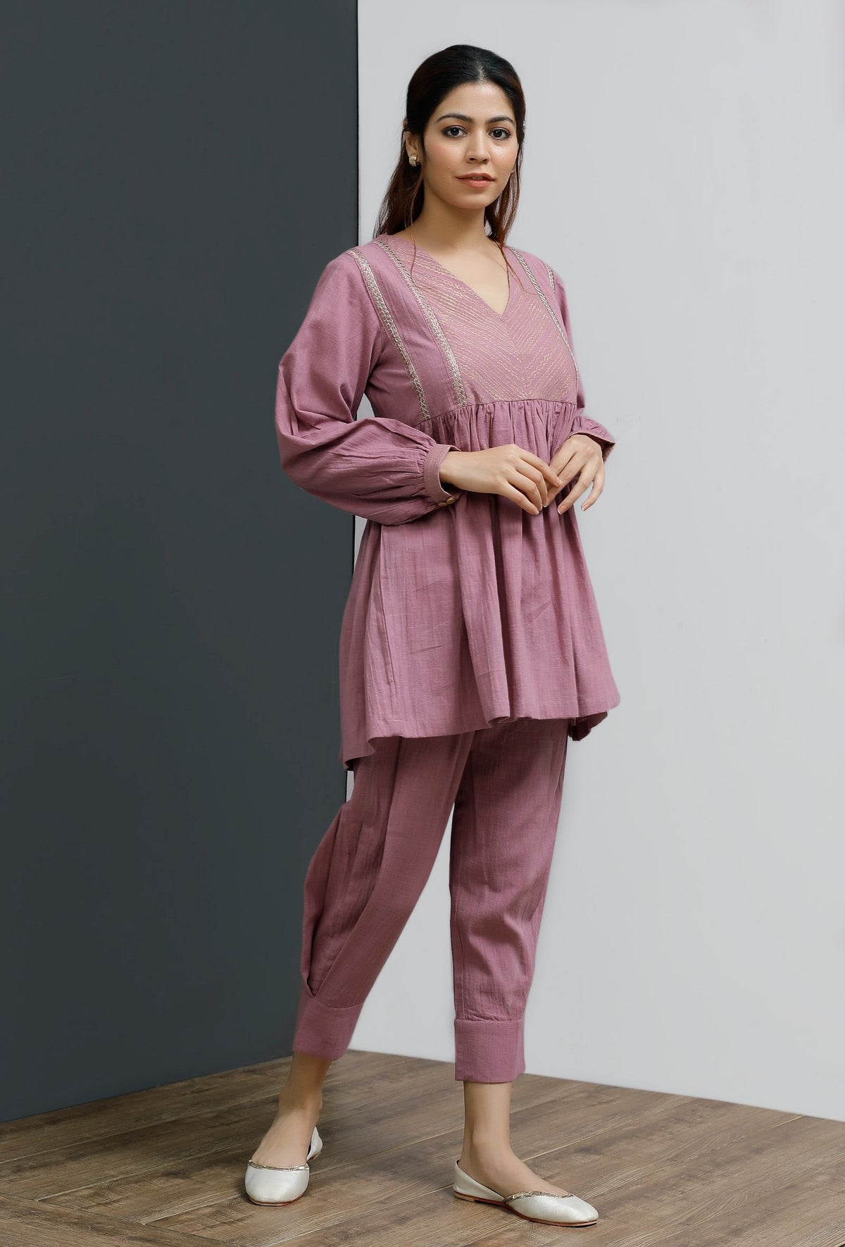 Onion Pink Hand-Block Printed Gathered Short Kurta サイズ XS