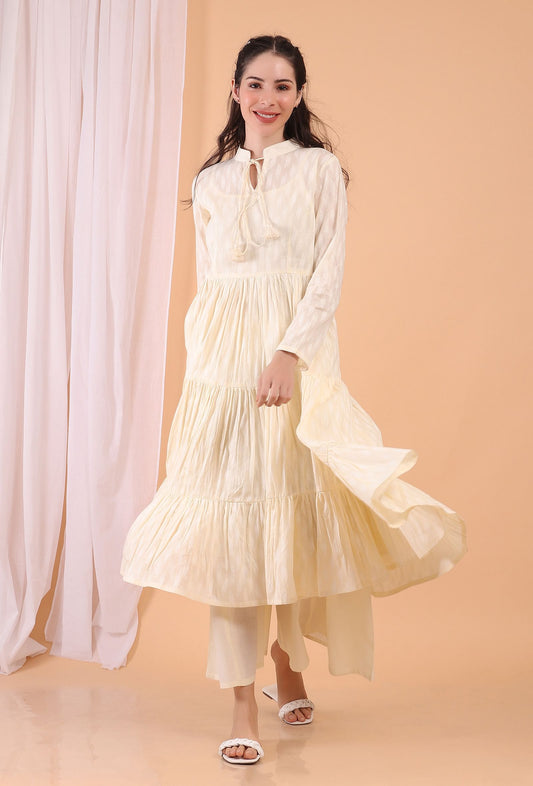 Set of 2: Cream Cotton Tiered Gathered Dress with Pants サイズ XXXL