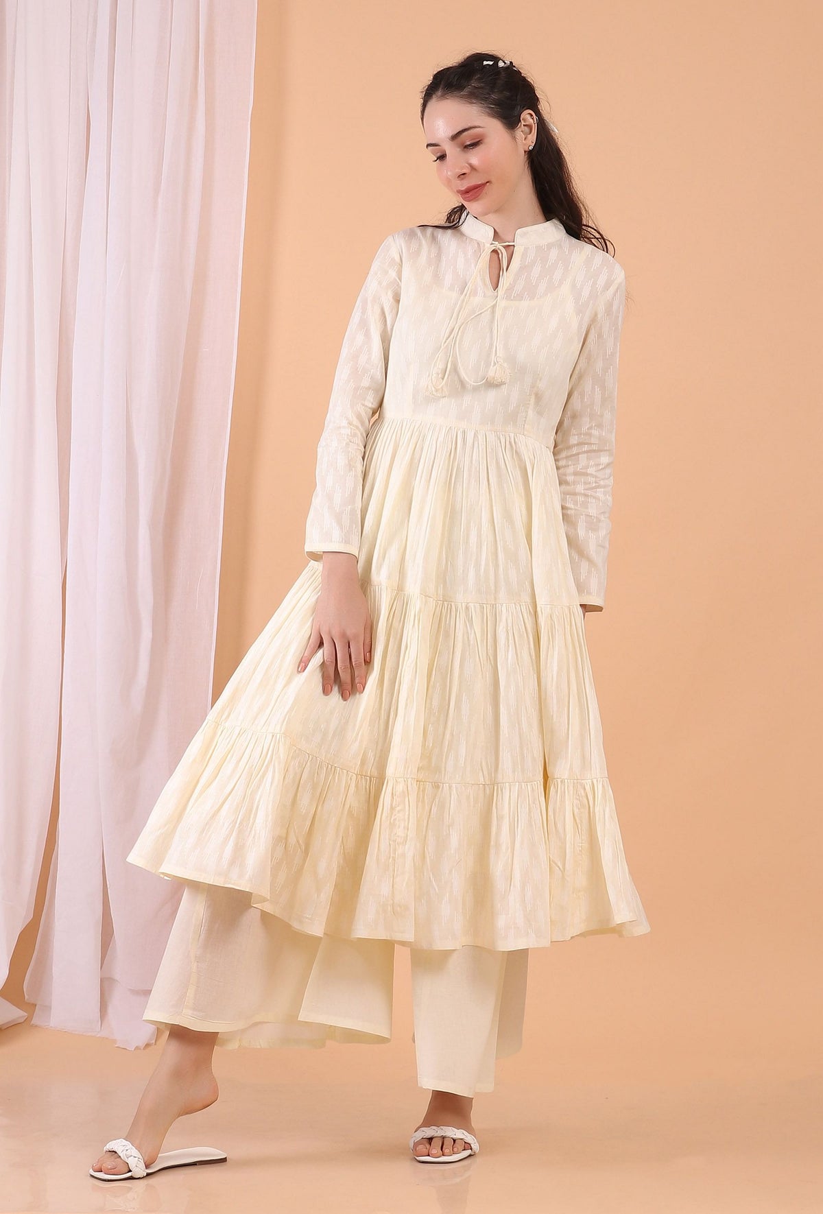 Set of 2: Cream Cotton Tiered Gathered Dress with Pants サイズ XXXL