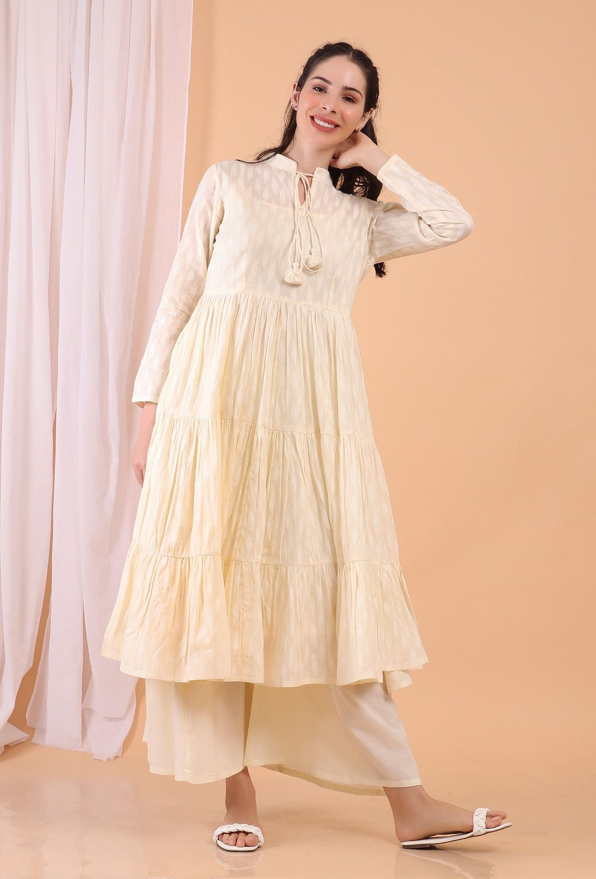 Set of 2: Cream Cotton Tiered Gathered Dress with Pants サイズ XXXL