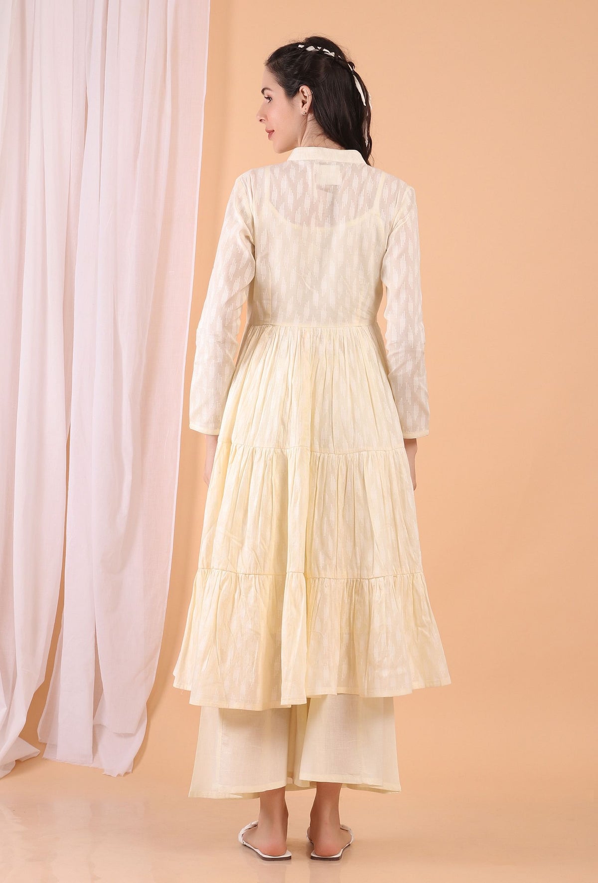 Set of 2: Cream Cotton Tiered Gathered Dress with Pants サイズ XXXL