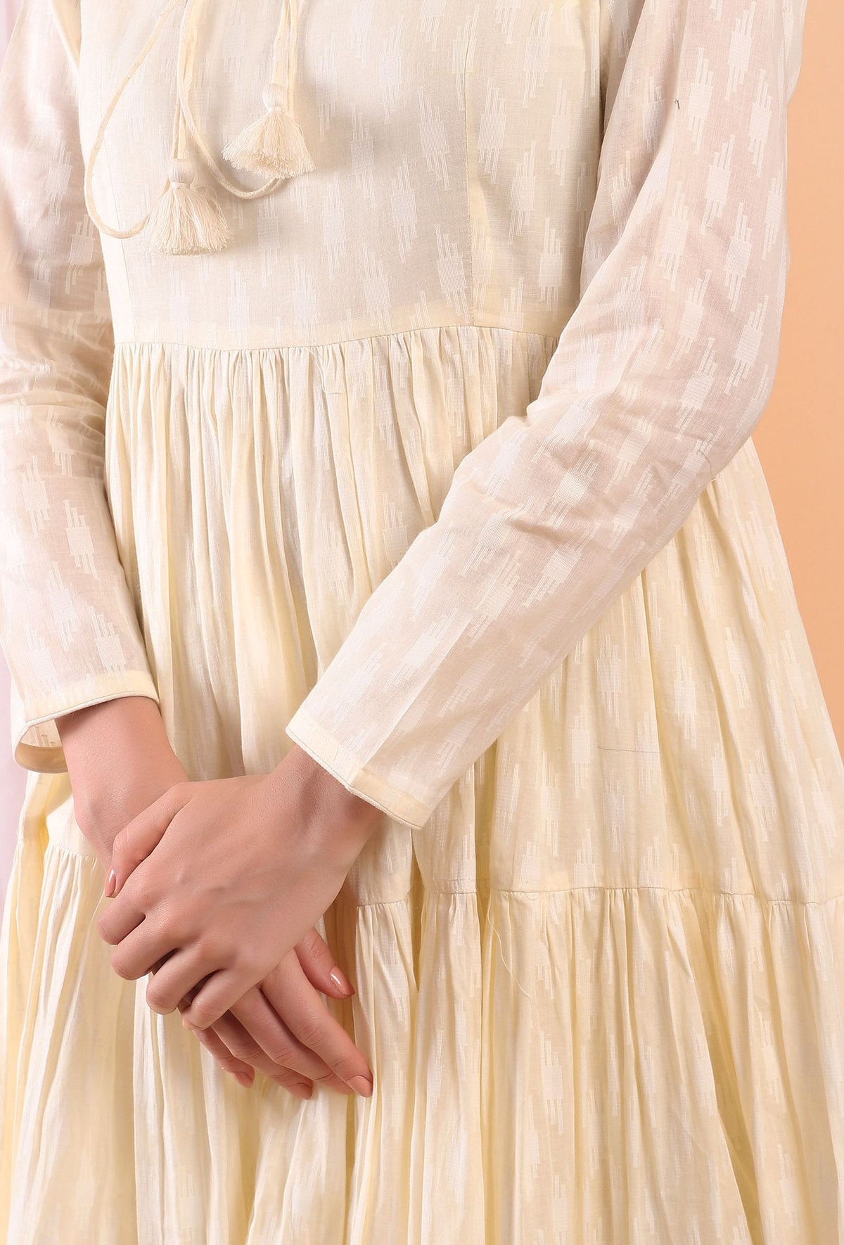 Set of 2: Cream Cotton Tiered Gathered Dress with Pants サイズ XXXL