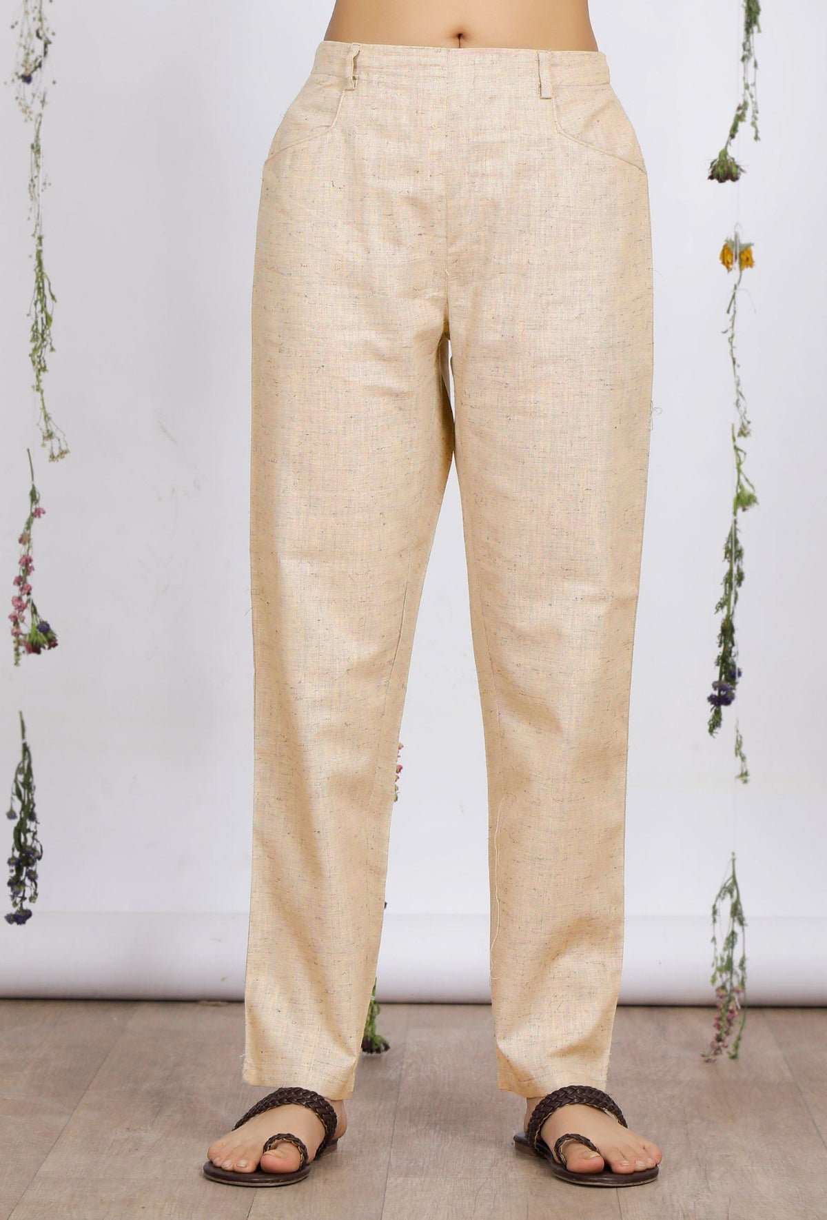 Beige Straight Cotton Khadi Pants with Pockets サイズ S