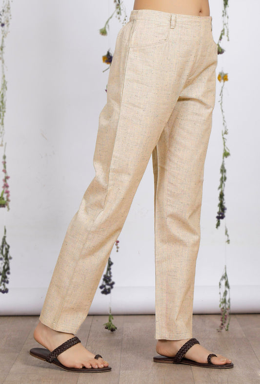 Beige Straight Cotton Khadi Pants with Pockets サイズ S