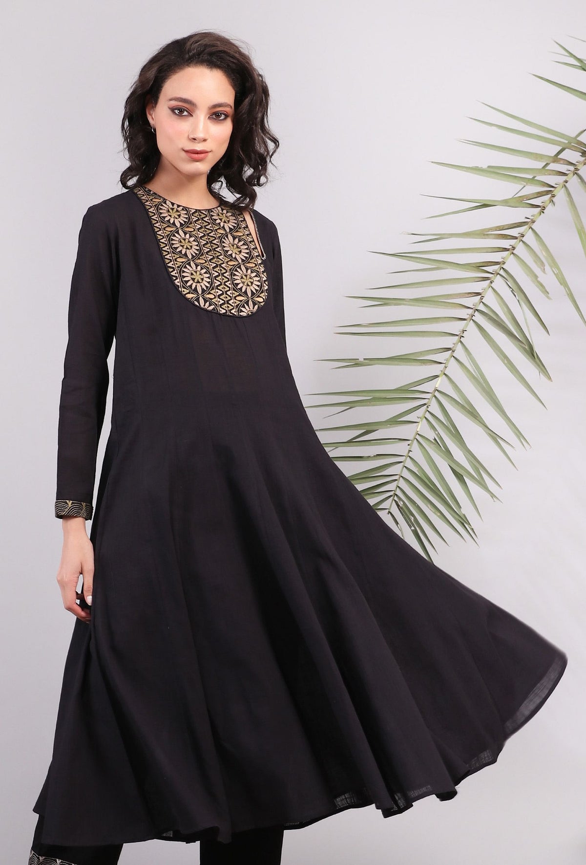Black Flared Kalidar Kantha Kurta Dress サイズ XL