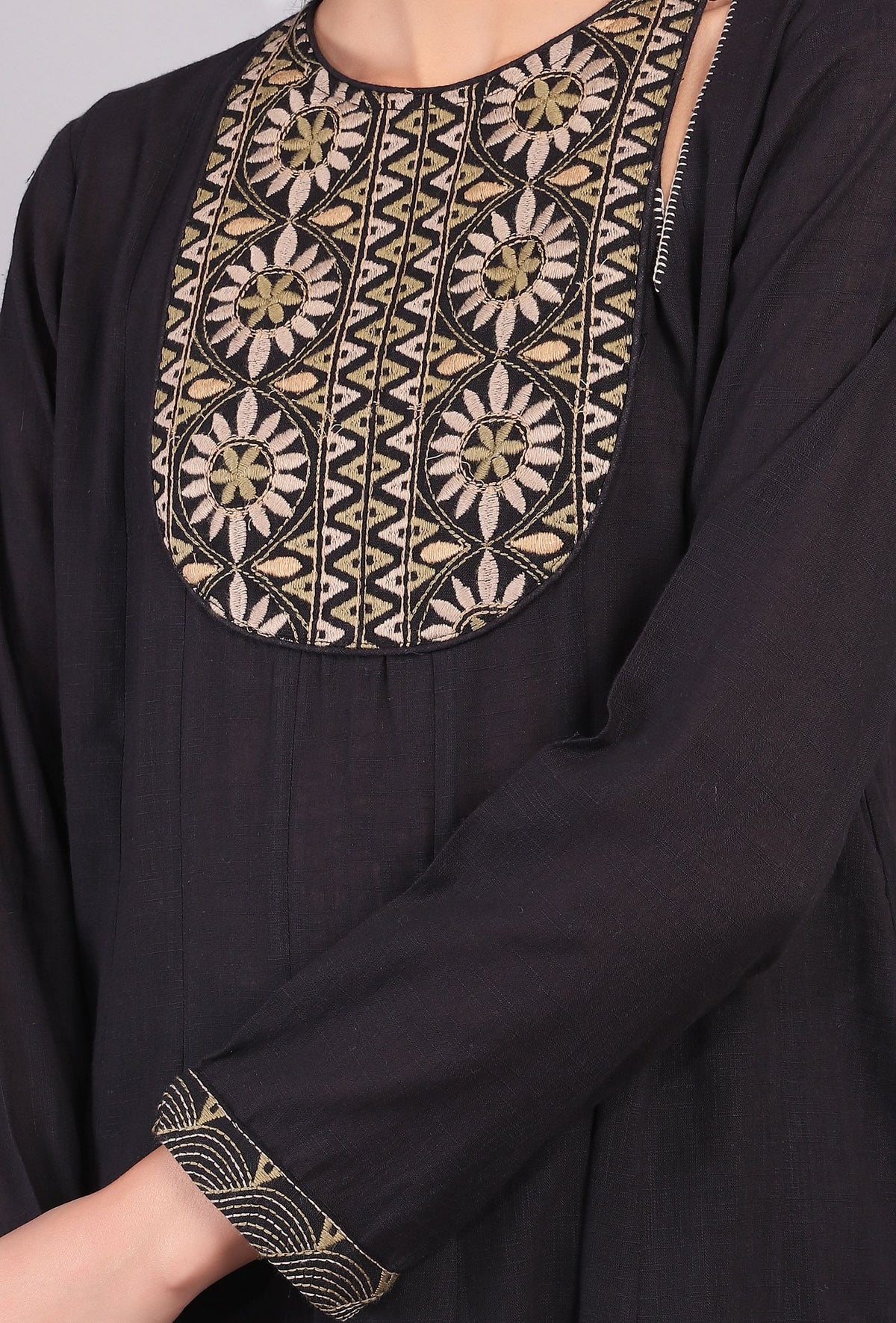 Black Flared Kalidar Kantha Kurta Dress サイズ XL