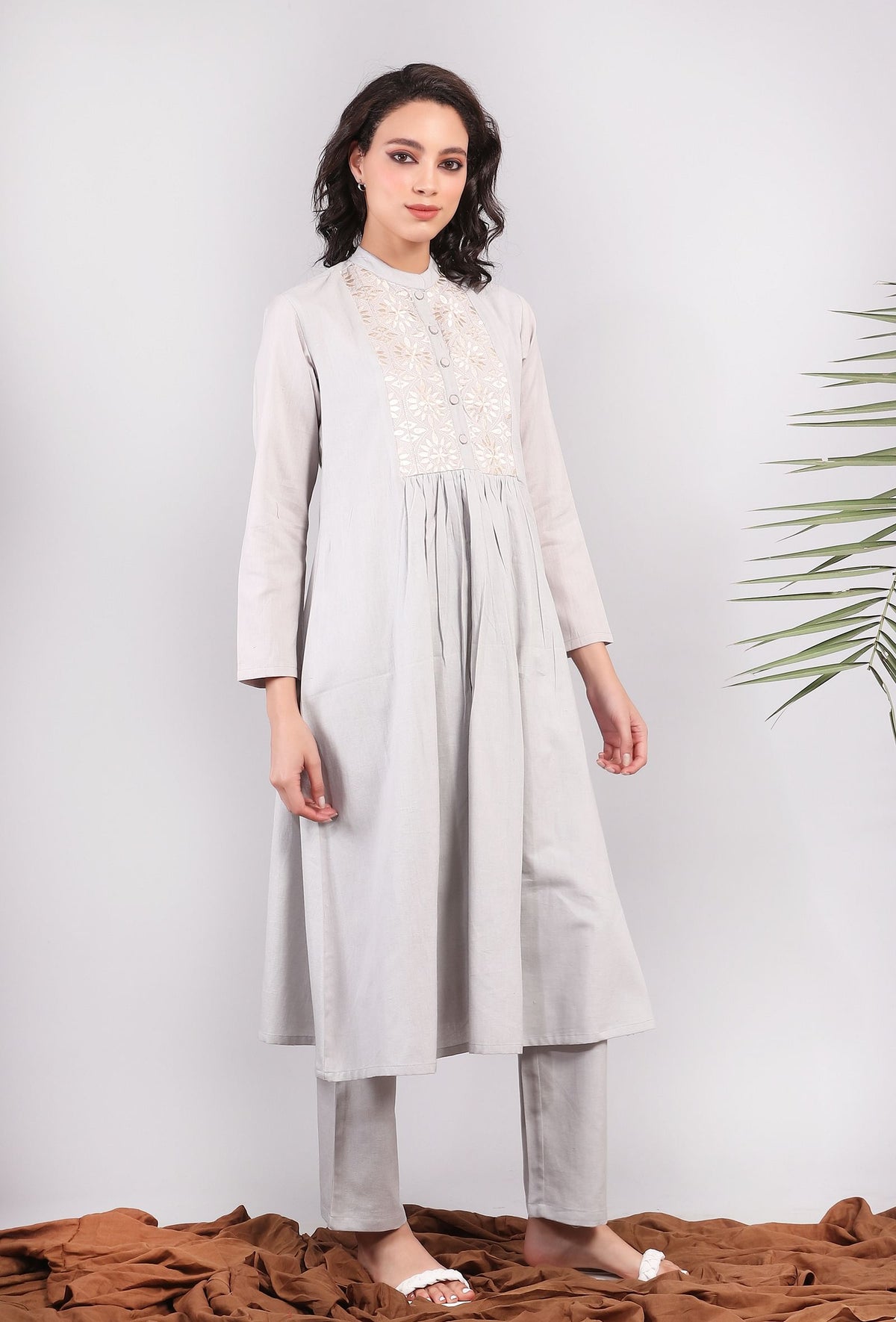 Set of 2: Steel Gray Bandh Gala Front Gathered Kurta Dress with Narrow Pants サイズ XS