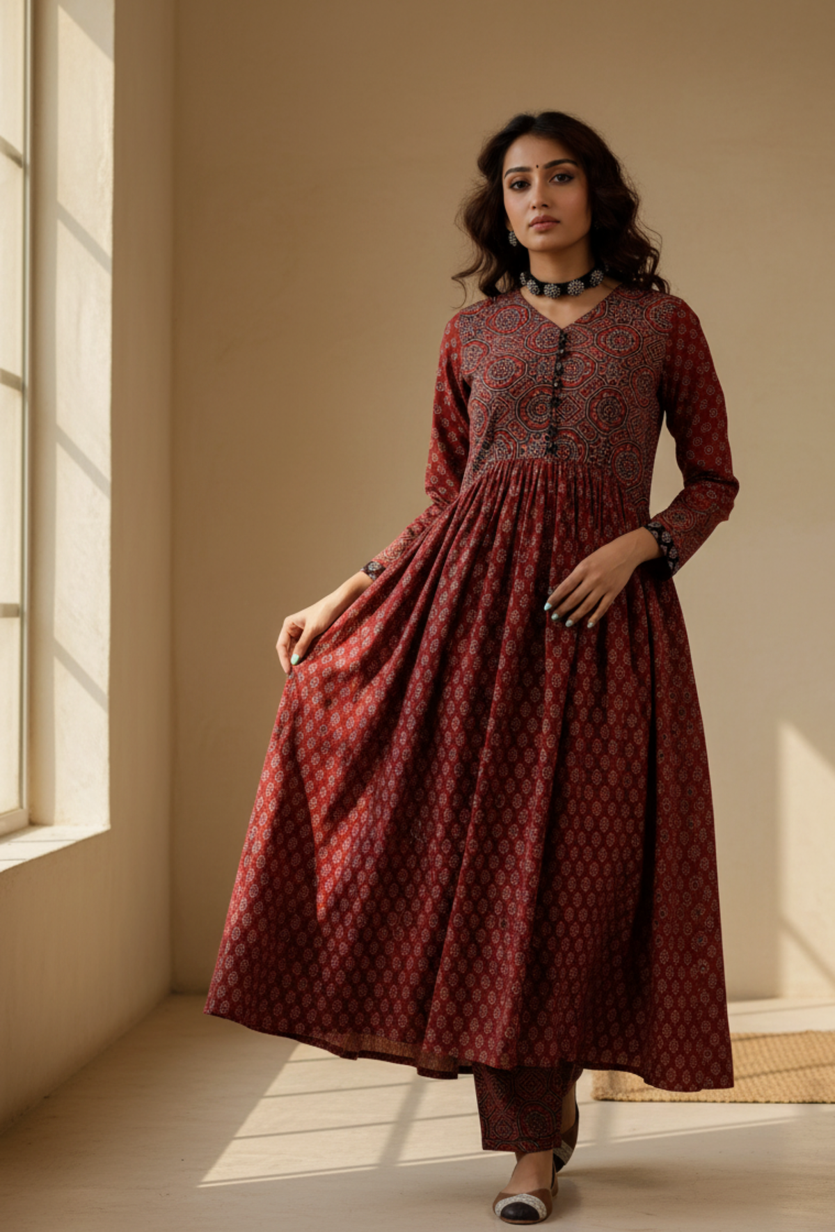 Red Ajrakh Print Flared and Gathered Kurta with Pockets サイズ S