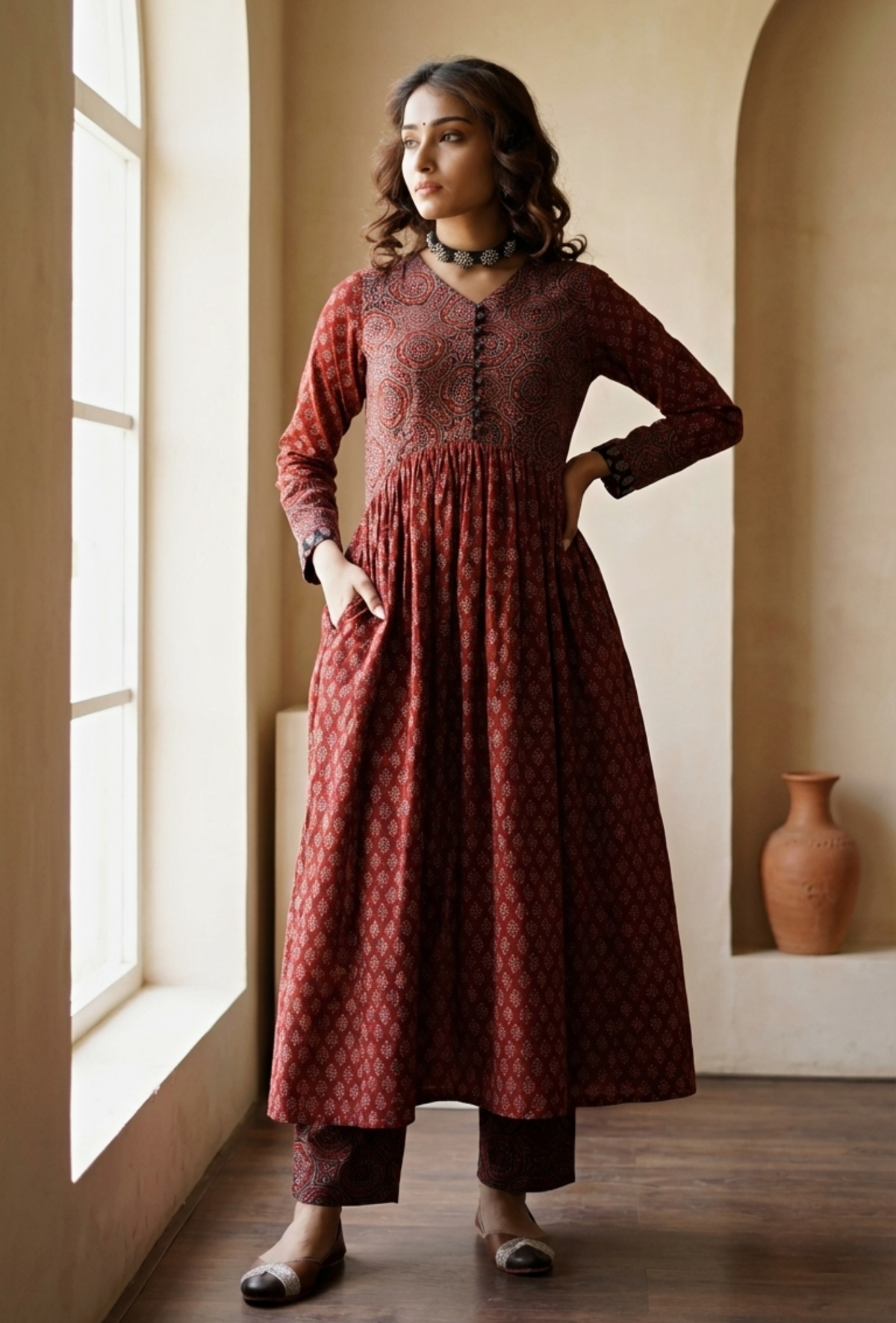 Red Ajrakh Print Flared and Gathered Kurta with Pockets サイズ M