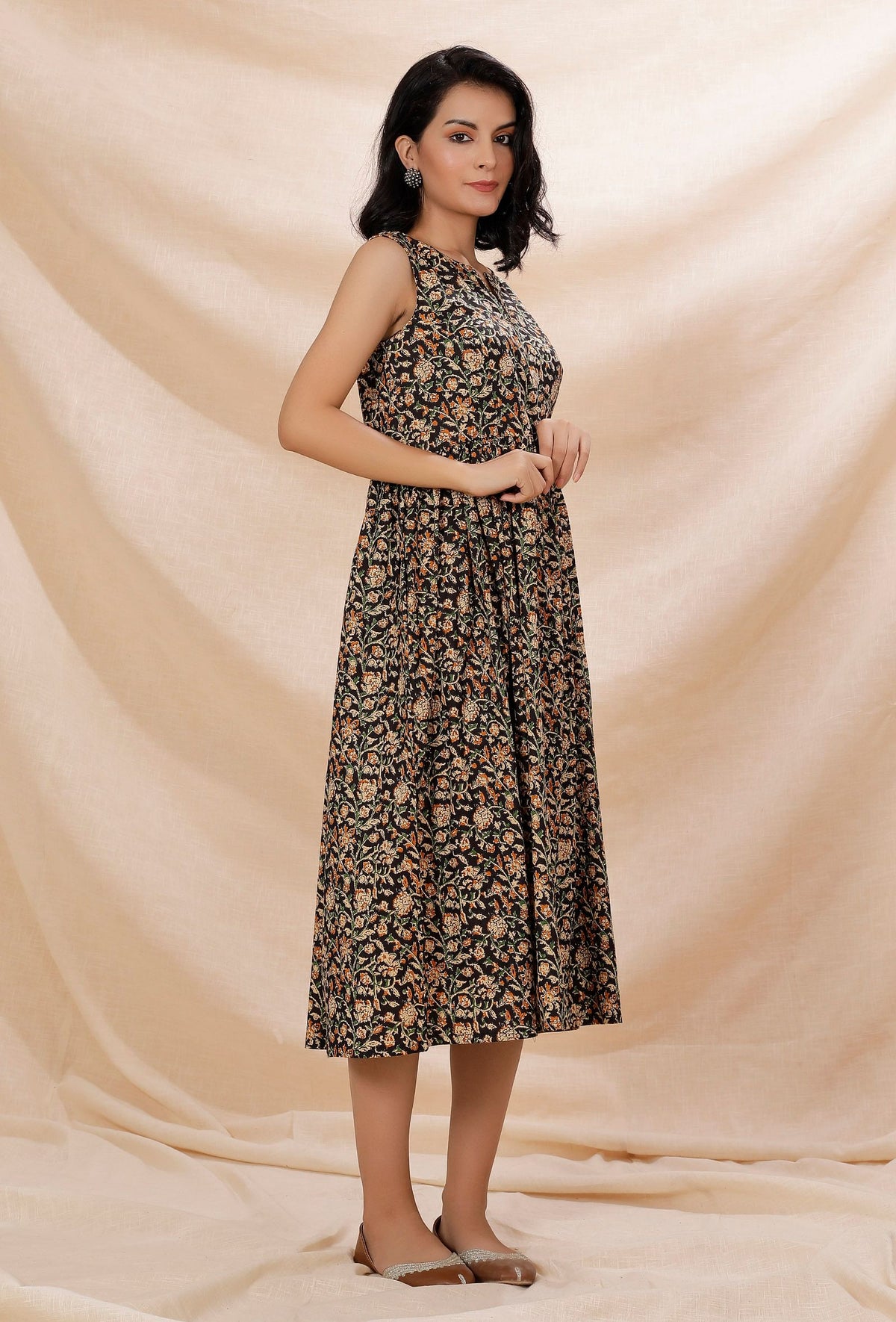 Black Kalamkari Gathered Cotton Midi Dress サイズ XS